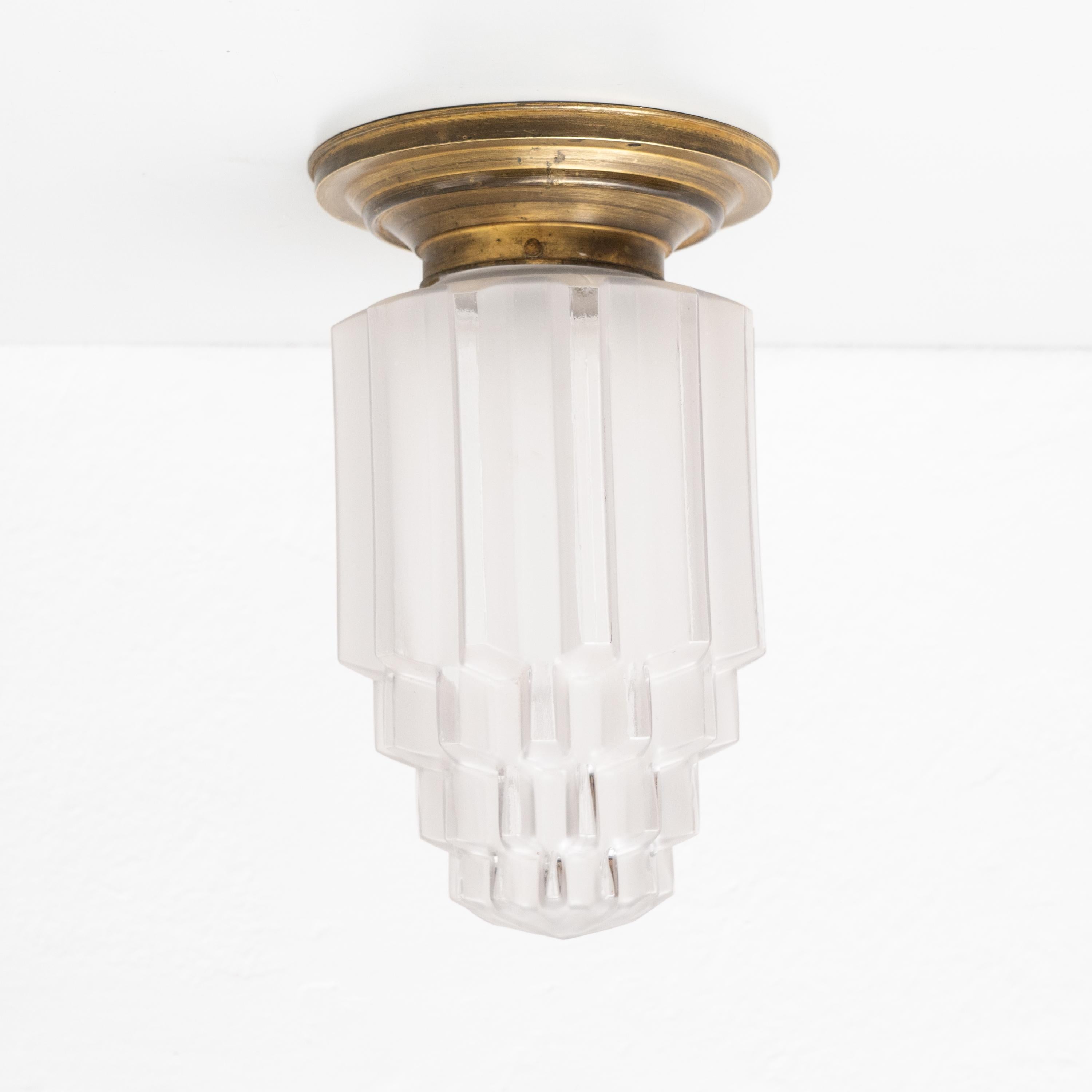 French Vintage Art Deco Brass and Glass Ceiling Lamp, circa 1940 For Sale