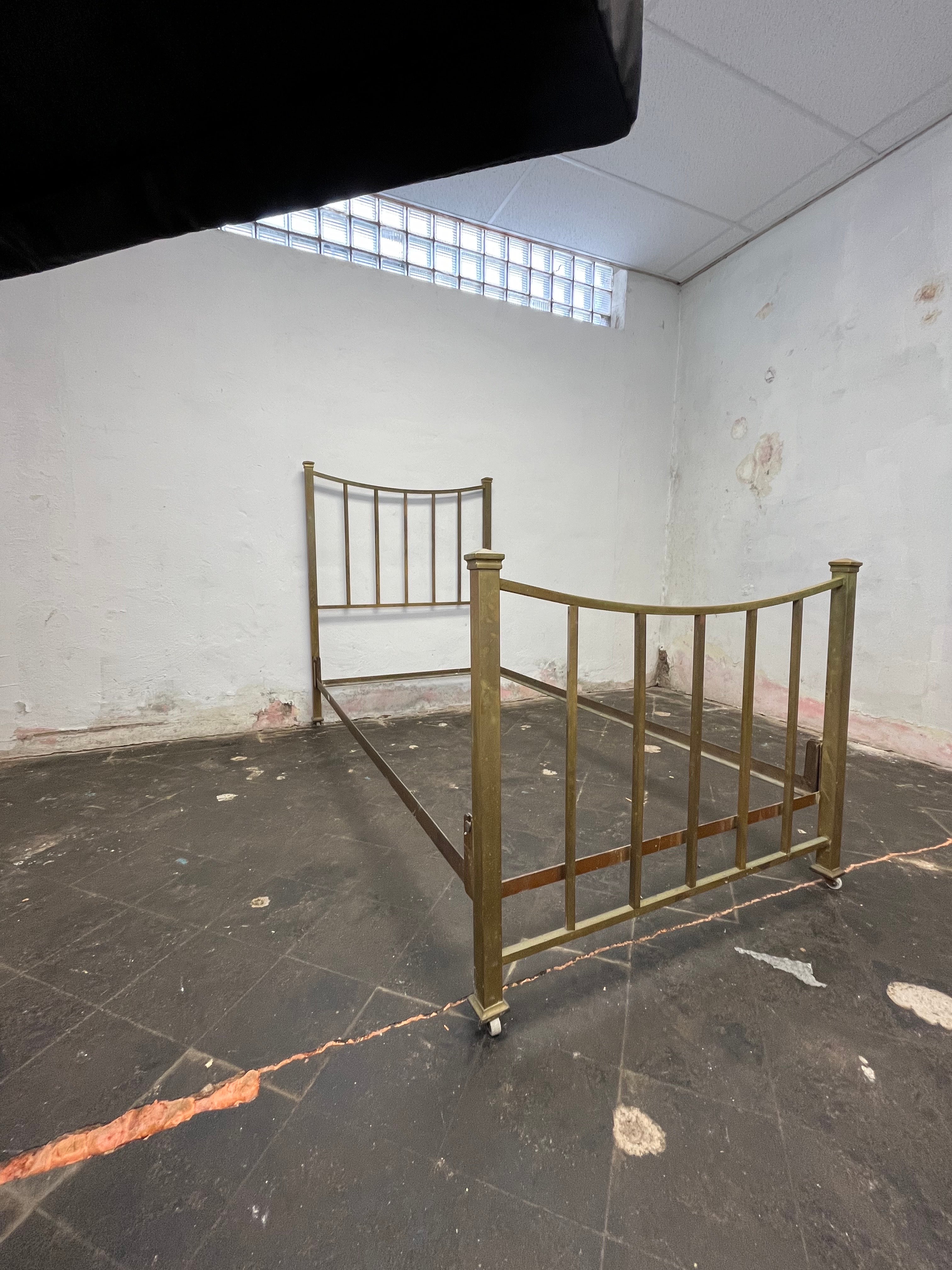 Beautiful Art Deco brass bed with neoclassical elements. nicely proportioned with pediment caps. Natural patinated.
Curbside to NYC/Philly $450