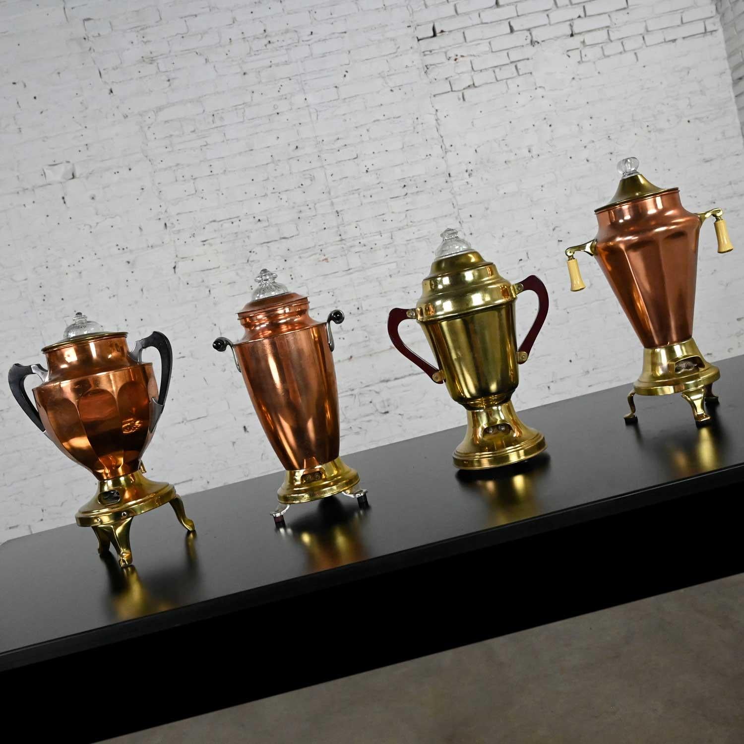 Vintage Art Deco Brass & Copper Coffee Urns Bakelite Handles Set of 4 For Sale 2