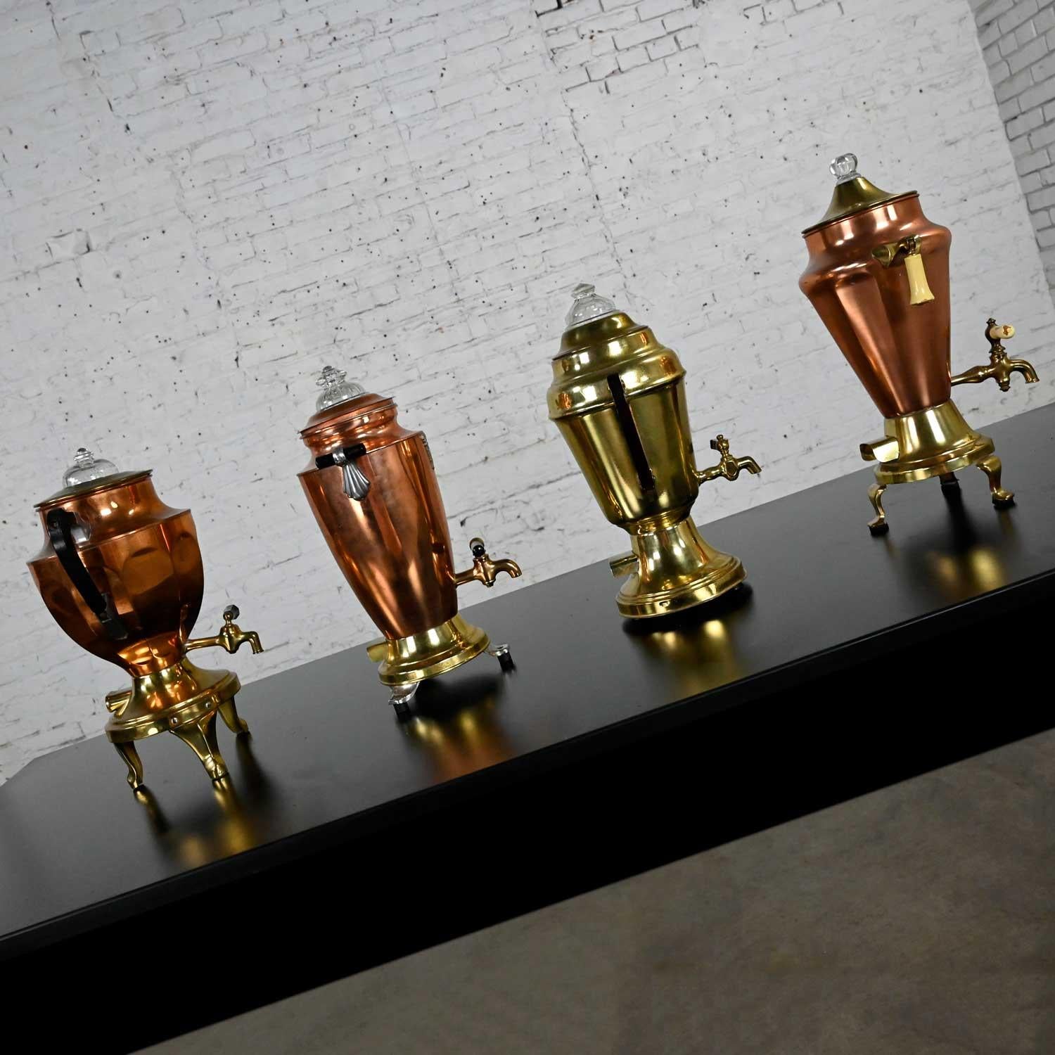 Vintage Art Deco Brass & Copper Coffee Urns Bakelite Handles Set of 4 For Sale 5