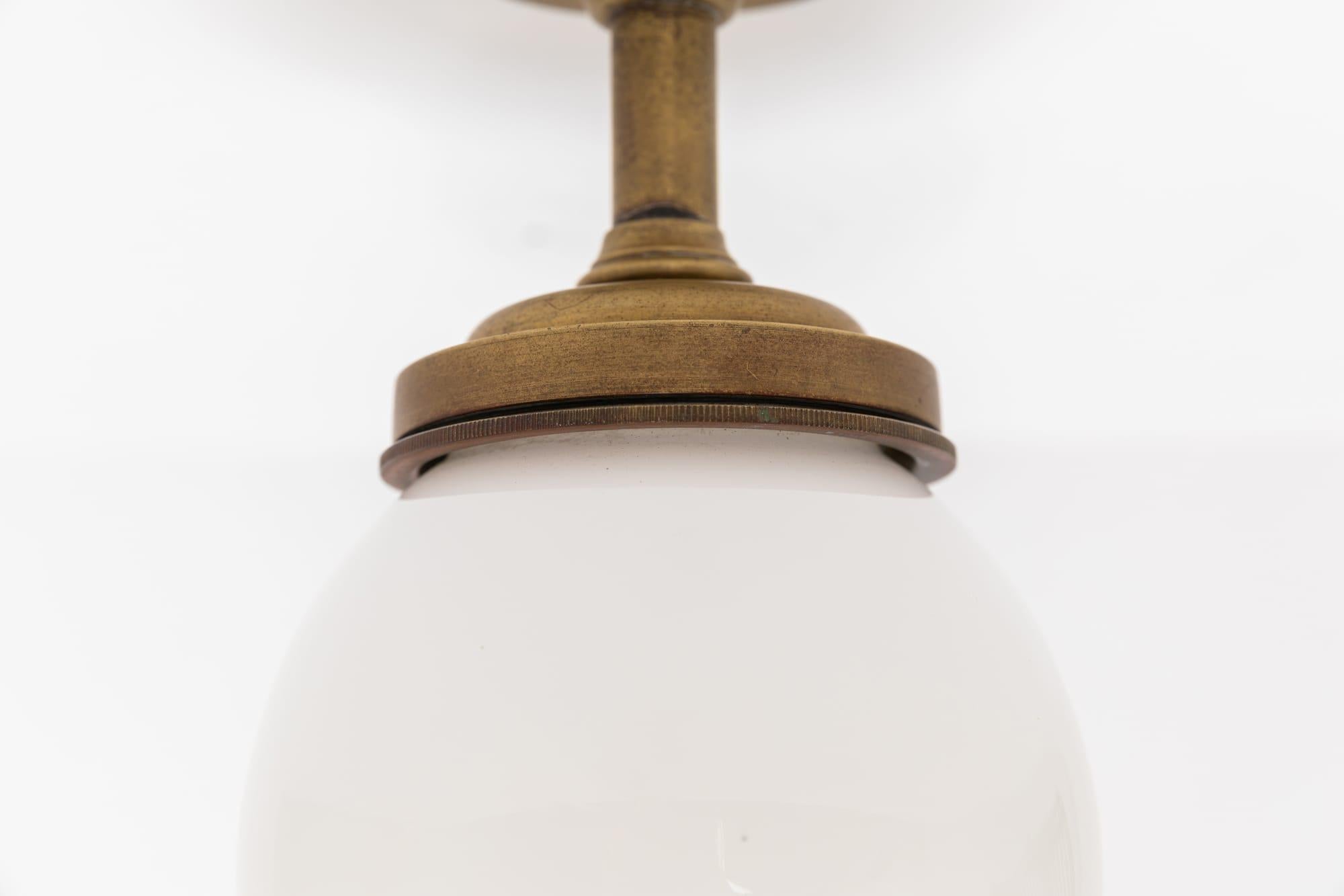 Pressed Vintage Art Deco Brass GEC Opaline Glass Ceiling Mounted Ship Light Lamp, C.1930