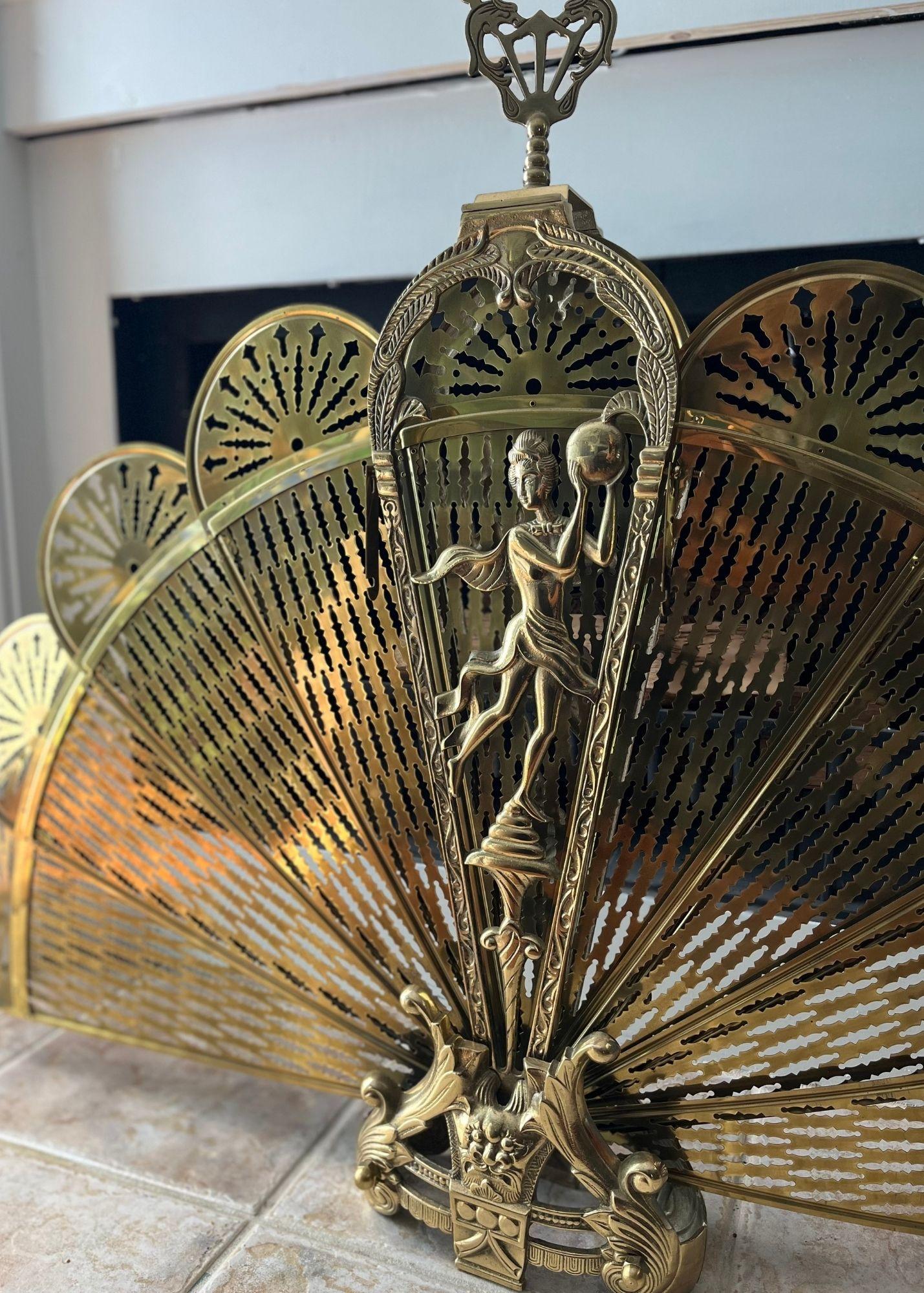 Vintage Art Deco Brass Peacock Folding Fireplace Screen For Sale at 1stDibs