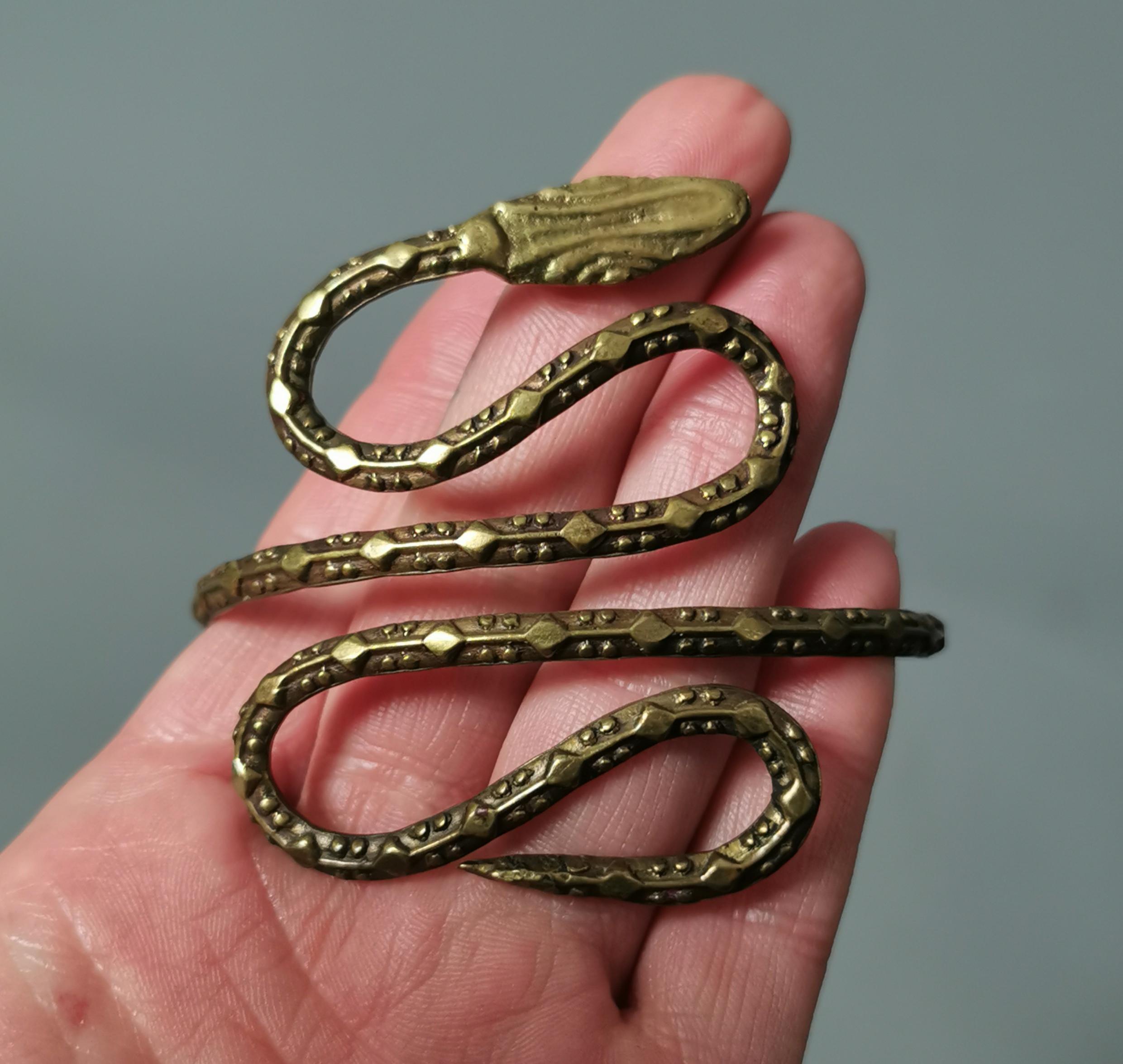 Vintage Art Deco brass snake arm cuff bangle, bracelet 1
