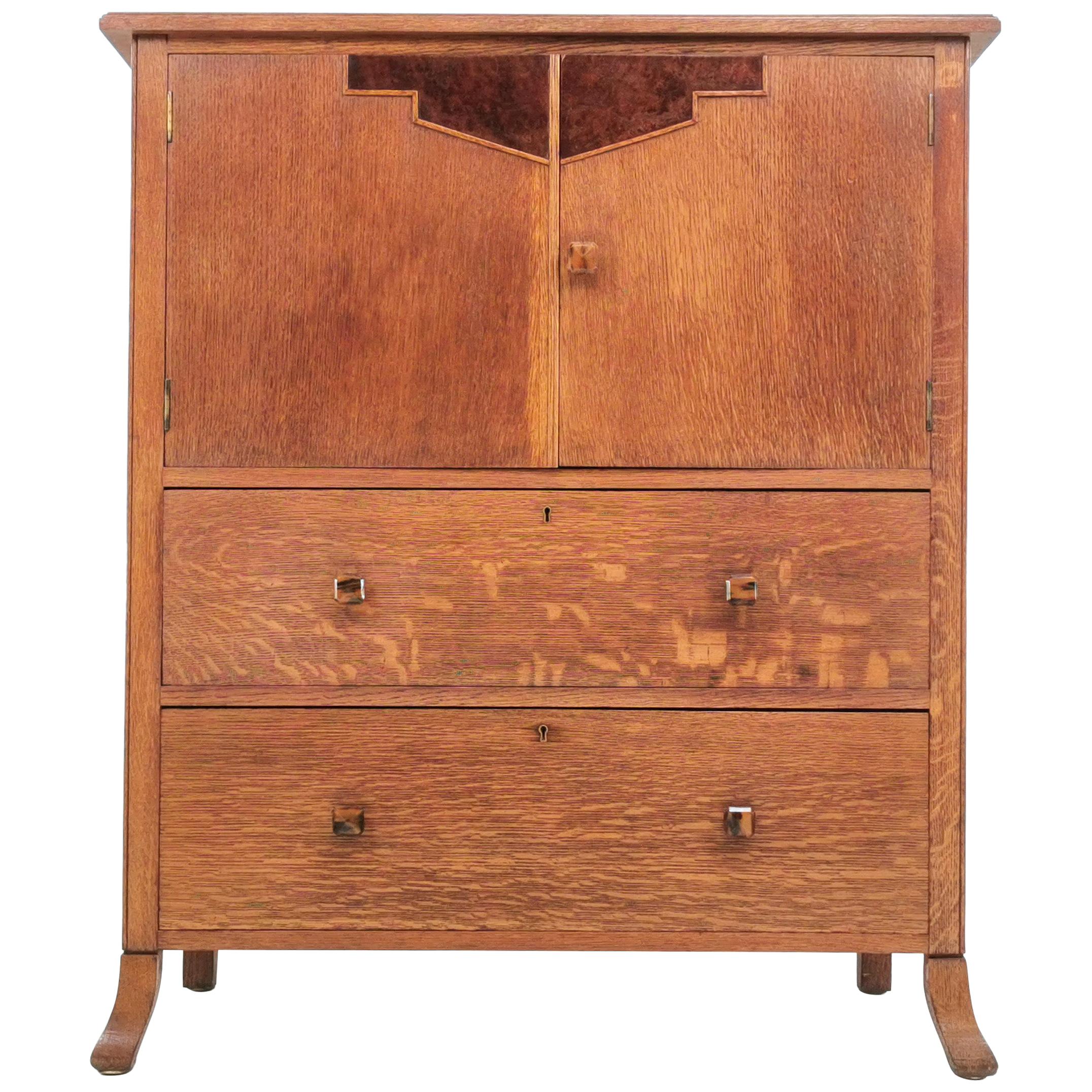 Vintage Art Deco British Oak Maple & Co Tallboy Compactum Chest of Drawers