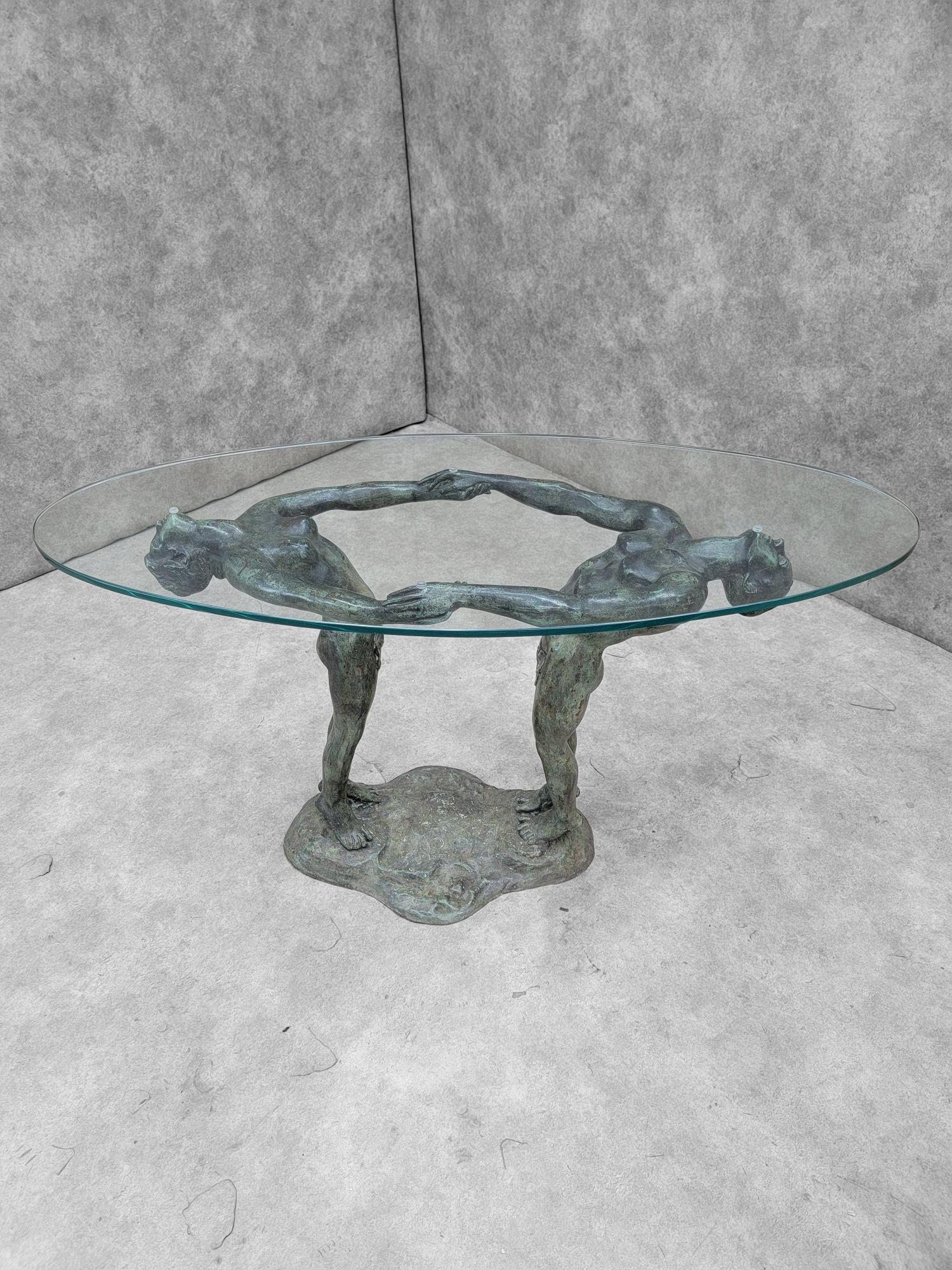 Vintage Art Deco Bronze Maude Sherwood Jewett Attributed Signed Base & Glass Top In Good Condition For Sale In Chicago, IL