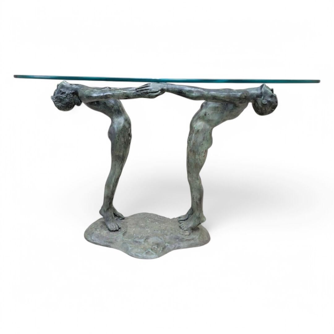 20th Century Vintage Art Deco Bronze Maude Sherwood Jewett Attributed Signed Base & Glass Top For Sale