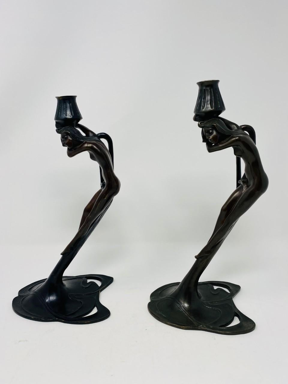 Vintage Art Deco Bronze Nymph Sculpture Candle Holders by MMA 1