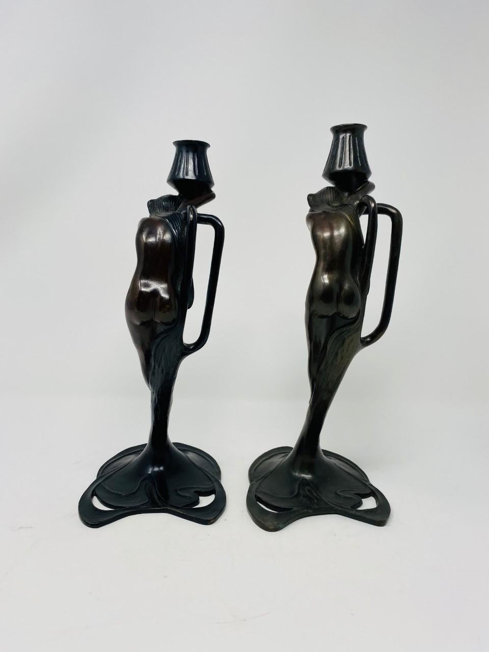 Vintage Art Deco Bronze Nymph Sculpture Candle Holders by MMA 3
