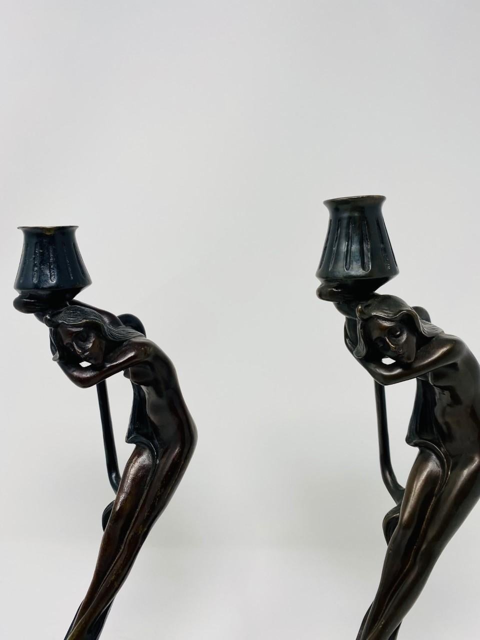 Vintage Art Deco Bronze Nymph Sculpture Candle Holders by MMA 4