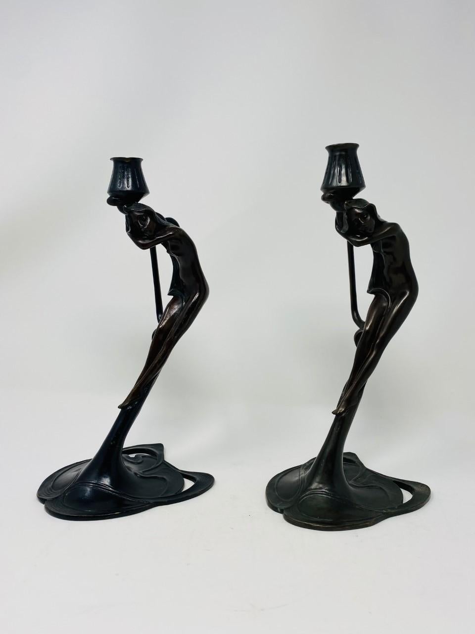 Cast Vintage Art Deco Bronze Nymph Sculpture Candle Holders by MMA