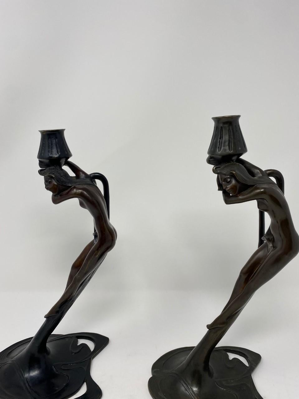 Vintage Art Deco Bronze Nymph Sculpture Candle Holders by MMA In Good Condition In San Diego, CA