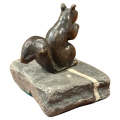 Vintage Art Deco Bronze Squirrel Sculpture on Stone Base by Charles Reussner
