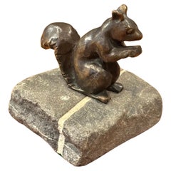 Vintage Art Deco Bronze Squirrel Sculpture on Stone Base by Charles Reussner