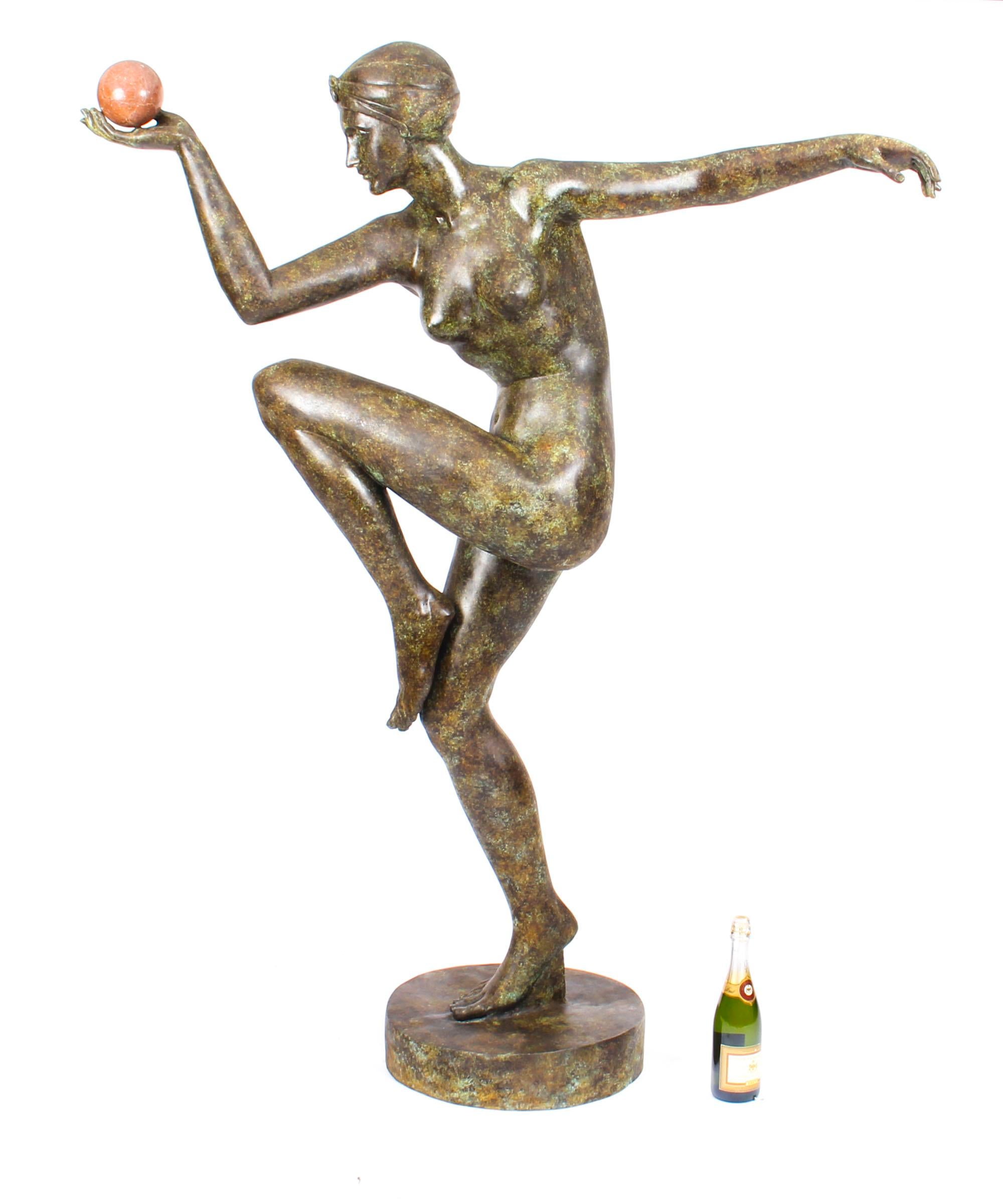 Vintage Art Deco Bronze Statue of Dancing Lady with Ball Late, 20th Century 6