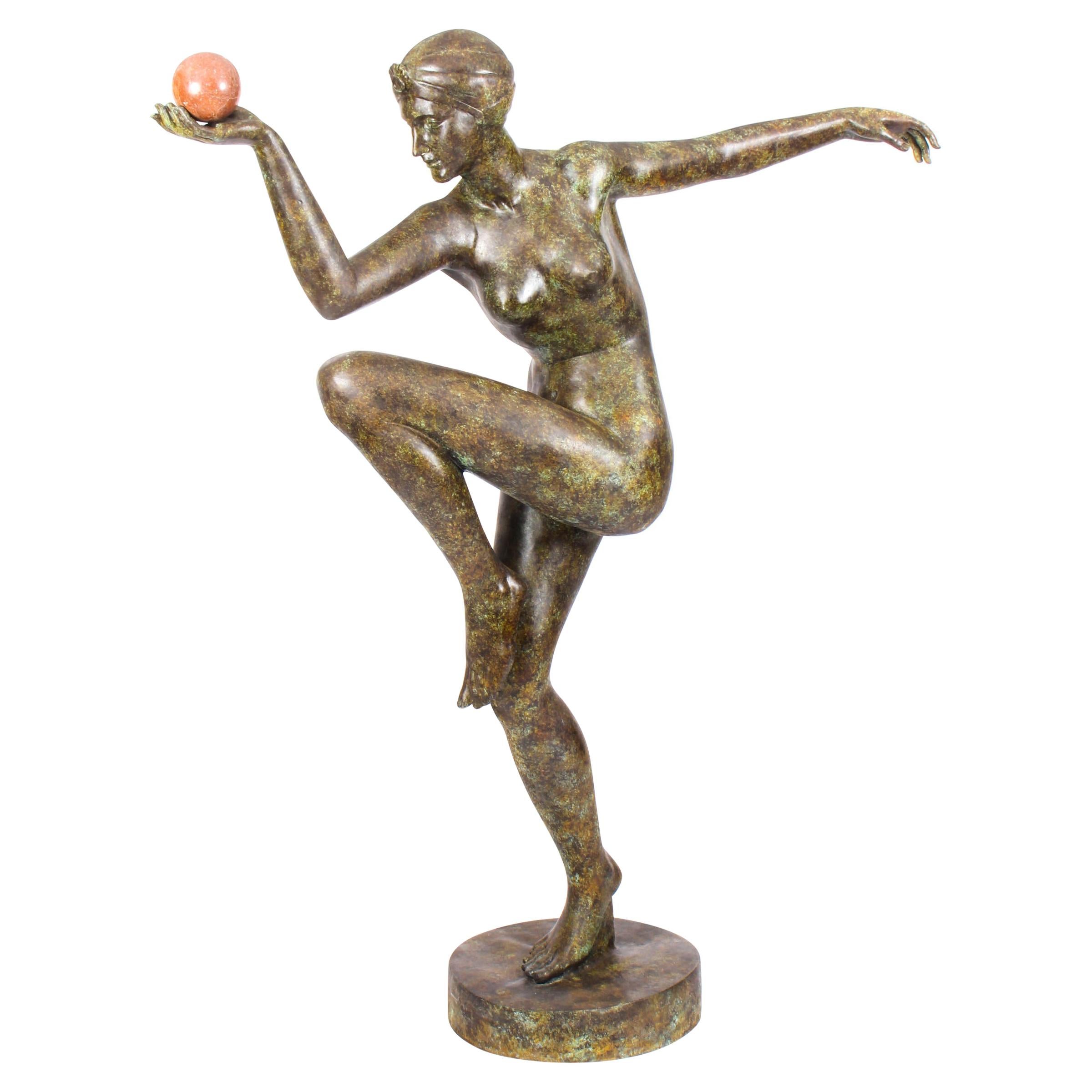 Vintage Art Deco Bronze Statue of Dancing Lady with Ball Late, 20th Century