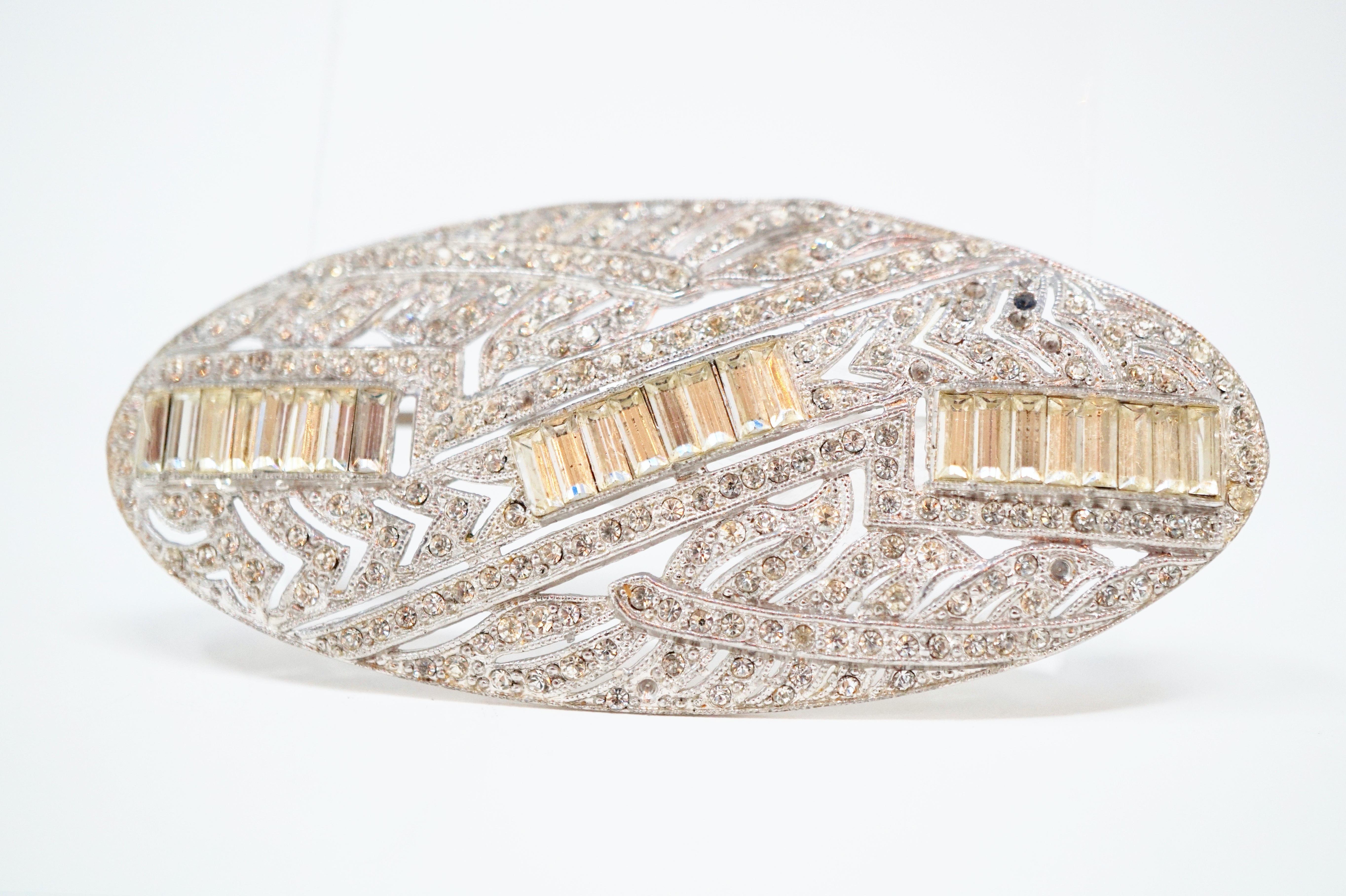 Vintage Art Deco Brooch with Baguette Crystal Rhinestones In Good Condition In McKinney, TX