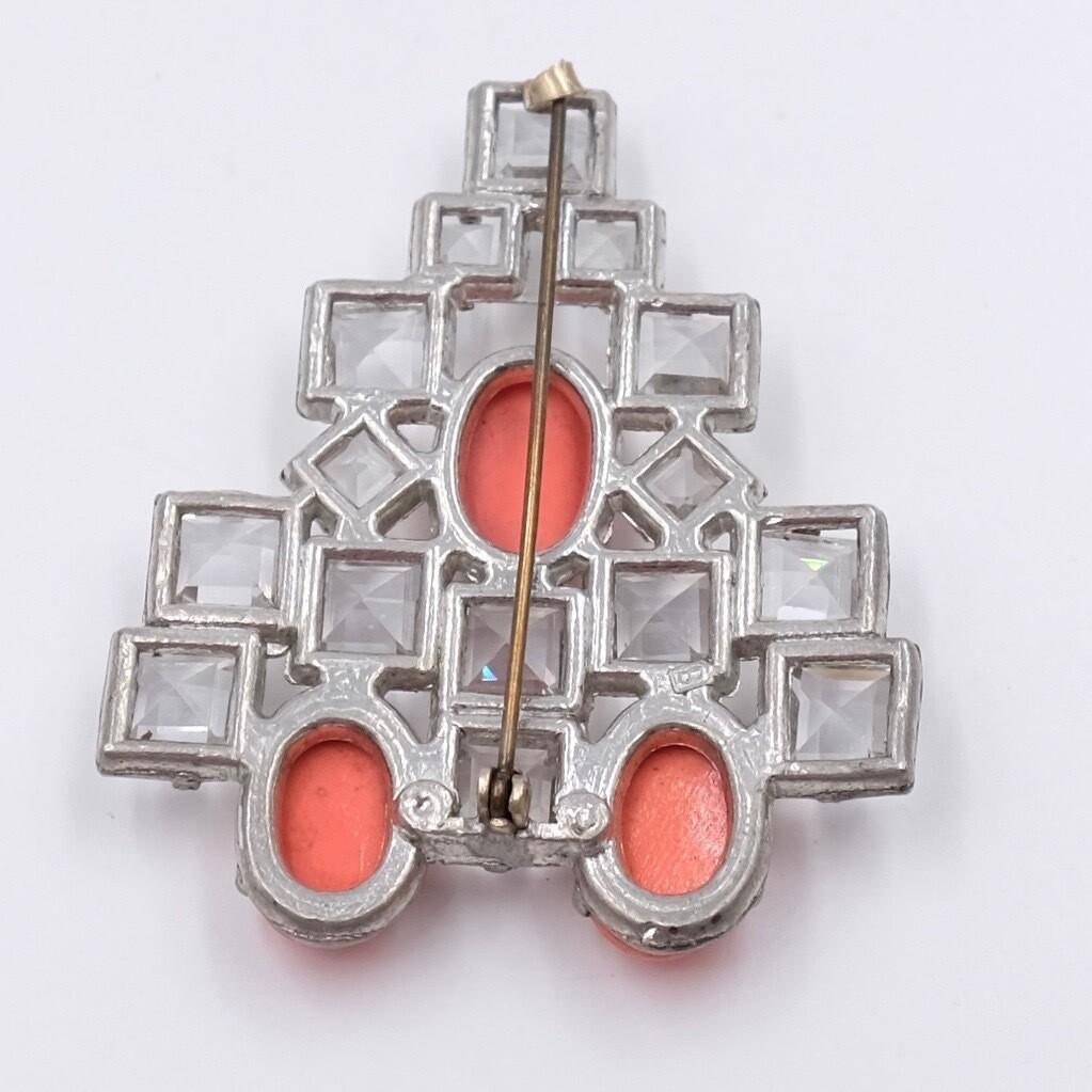 Vintage Art Deco Brooch  With Crystals and Faux Coral 1930's In Good Condition In Austin, TX