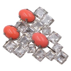 Vintage Art Deco Brooch  With Crystals and Faux Coral 1930's