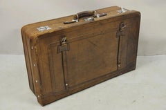 Vintage Art Deco Brown Distressed Leather 33" Luggage Suitcase by Golden Leaf