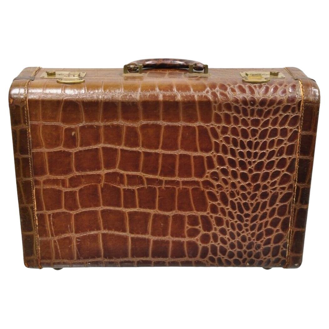 Vintage Art Deco Brown Leather Crocodile Embossed 18" Hard Suitcase Luggage For Sale