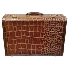 Antique Art Deco Brown Leather Crocodile Embossed 18" Hard Suitcase Luggage