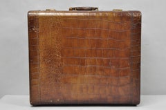 Vintage Art Deco Brown Leather Faux Crocodile Hard Case Suitcase Luggage