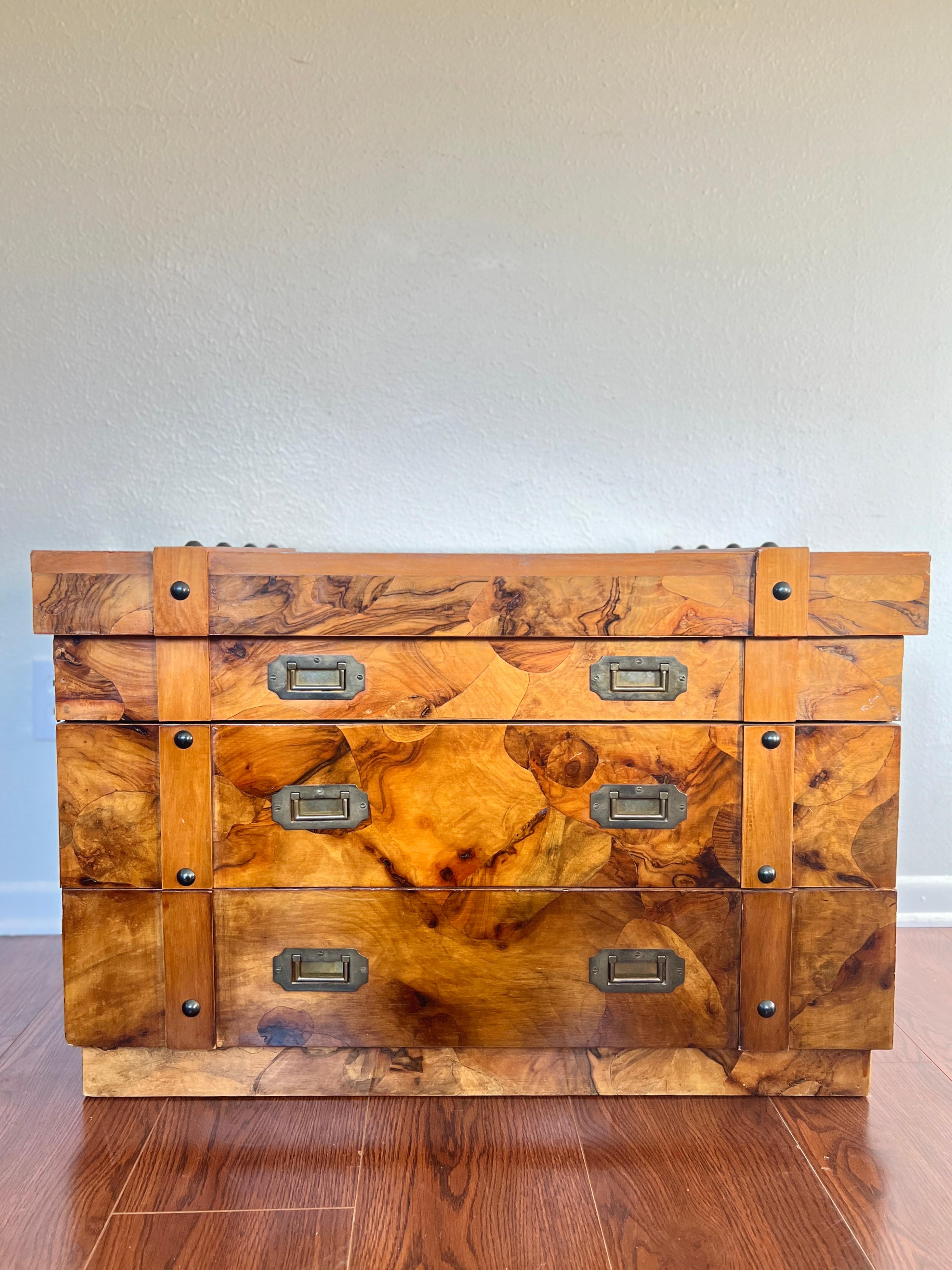Vintage Art Deco Burl Chest with 2 Drawers and Brass Hardware 6