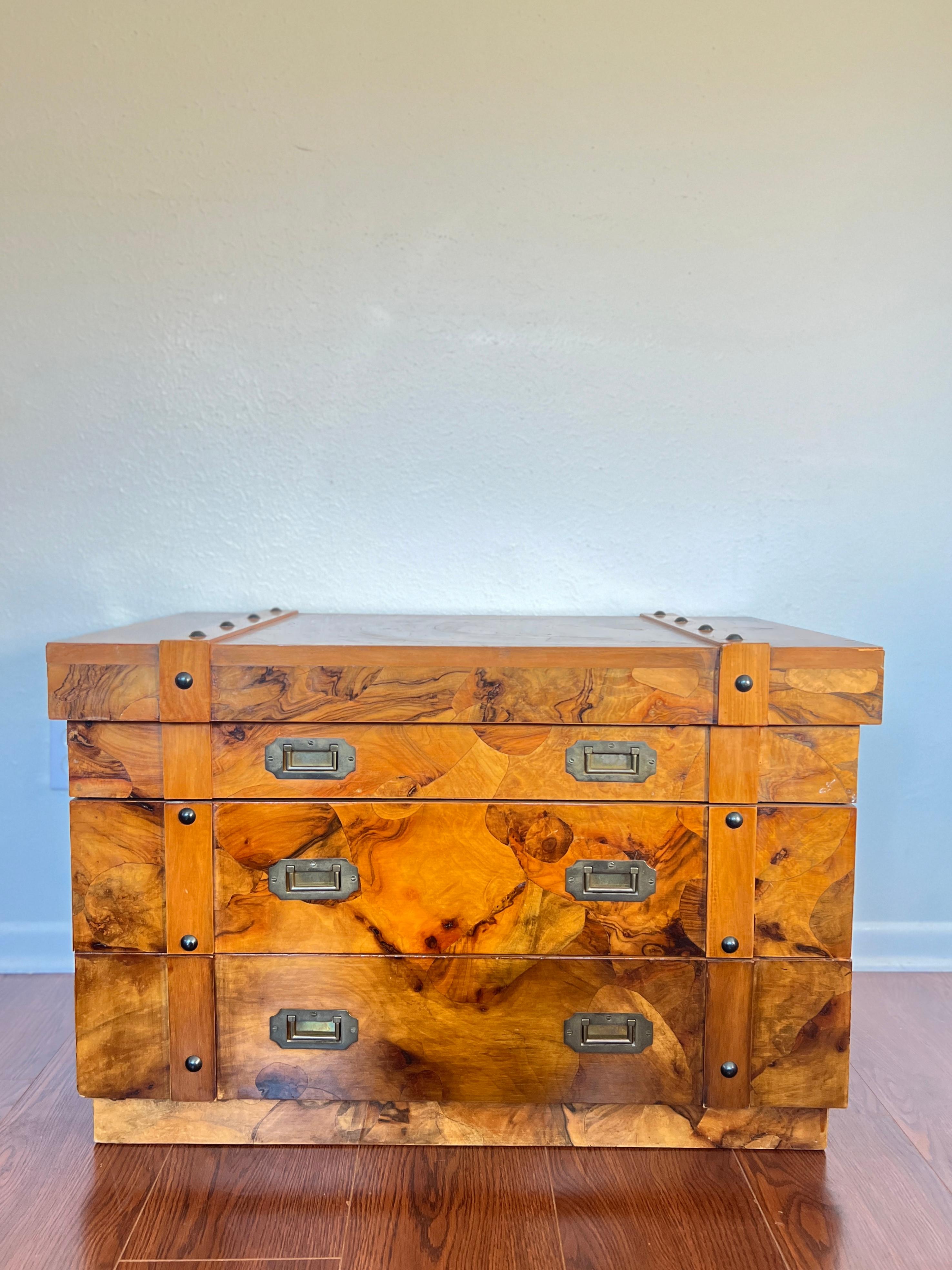 Vintage Art Deco Burl Chest with 2 Drawers and Brass Hardware 8
