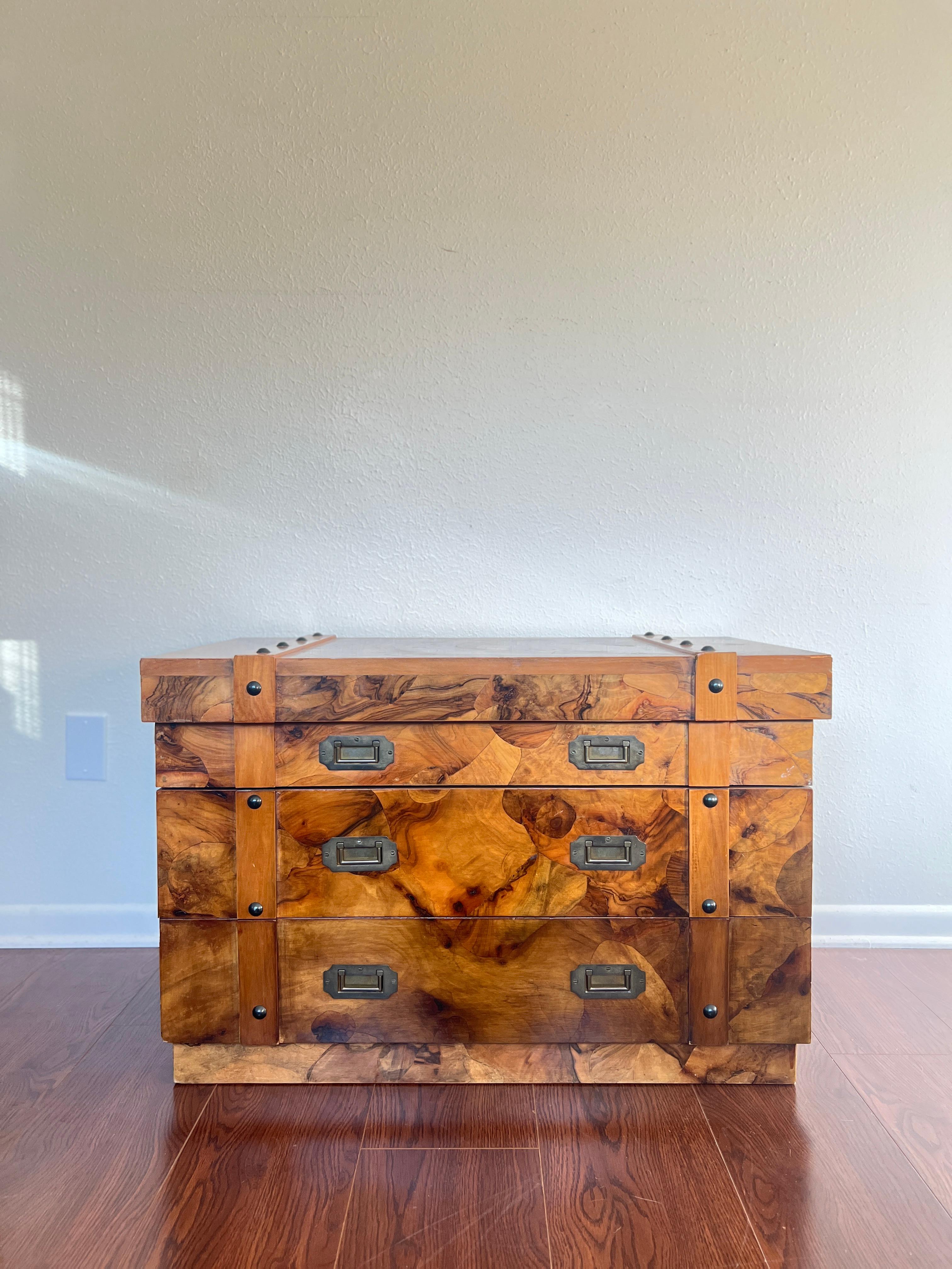 Vintage Art Deco Burl Chest with 2 Drawers and Brass Hardware 9