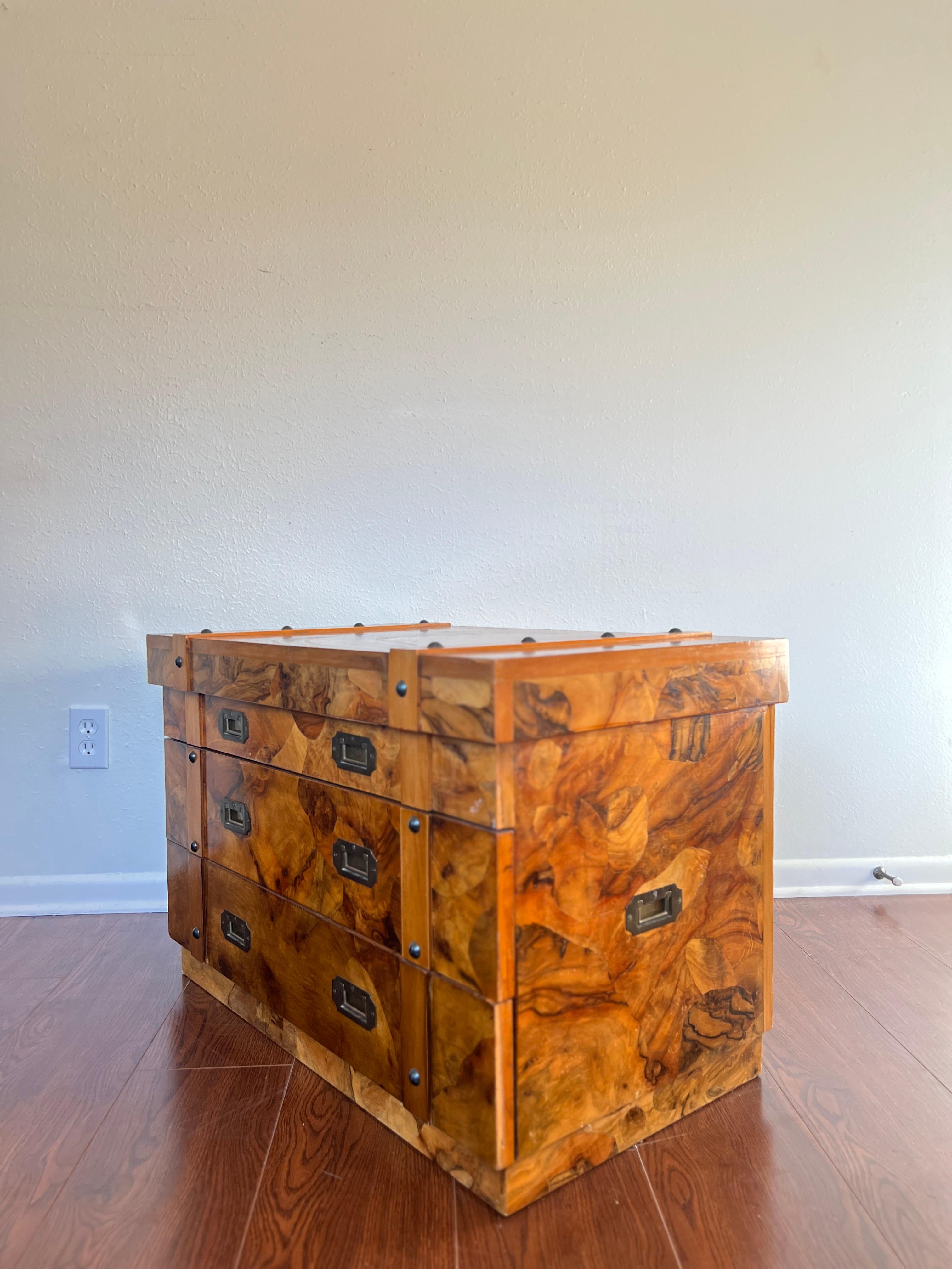 Vintage Art Deco Burl Chest with 2 Drawers and Brass Hardware 10