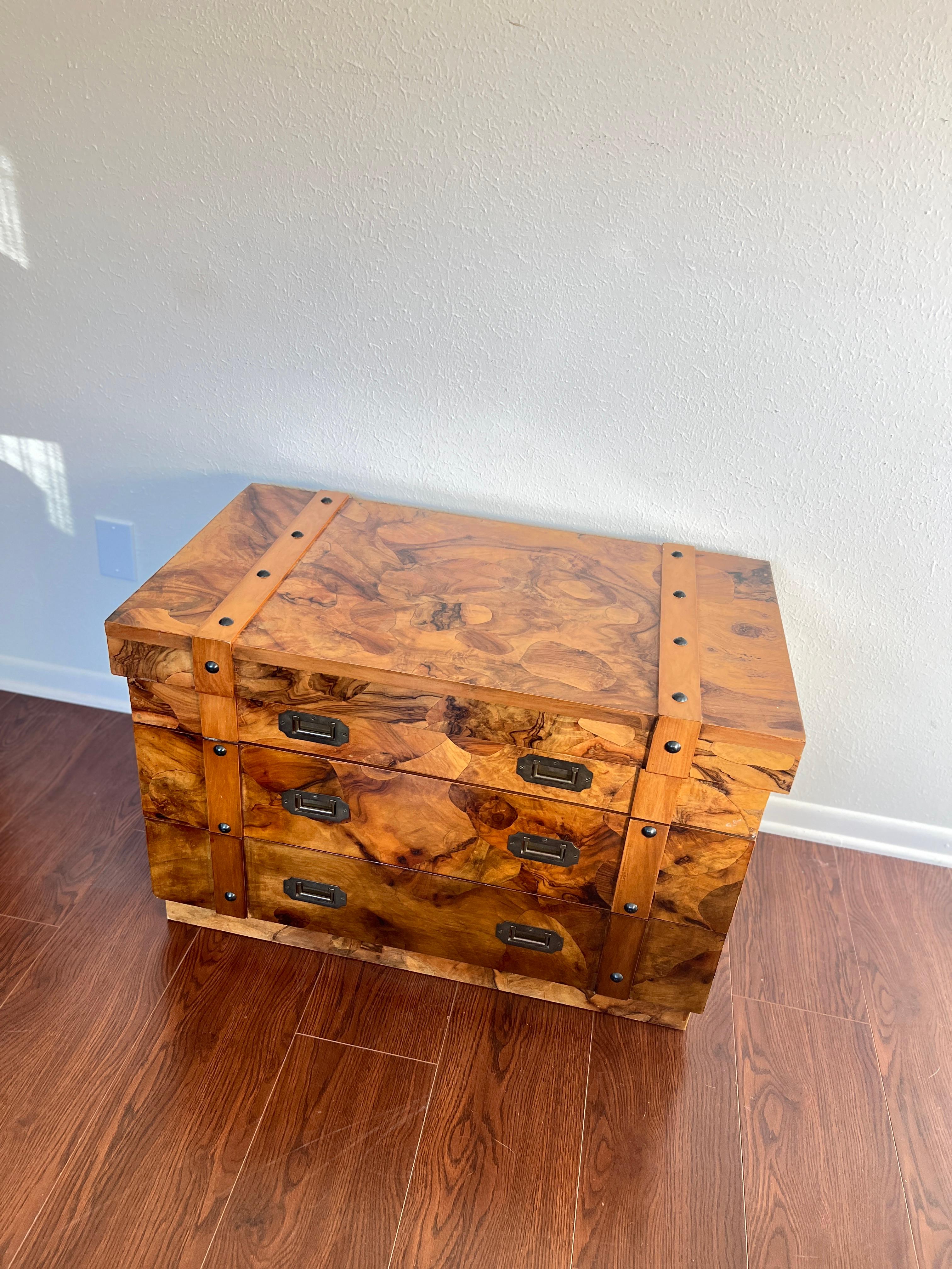 Mid-20th Century Vintage Art Deco Burl Chest with 2 Drawers and Brass Hardware