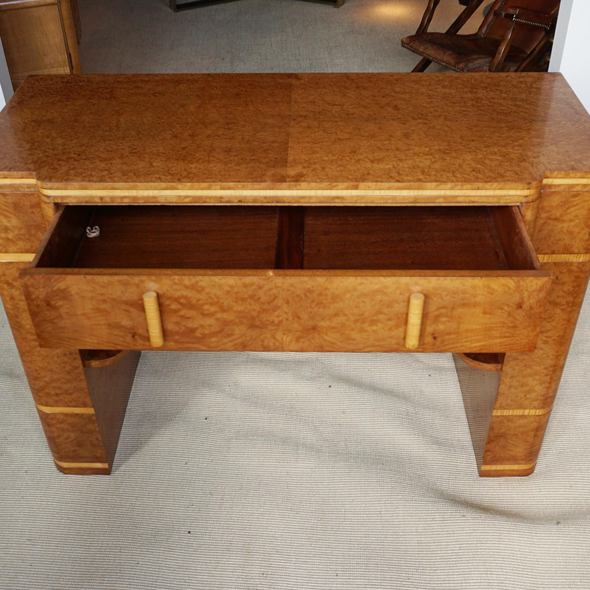 English Vintage Art Deco Burr Walnut and Satinbirch Console Table  For Sale