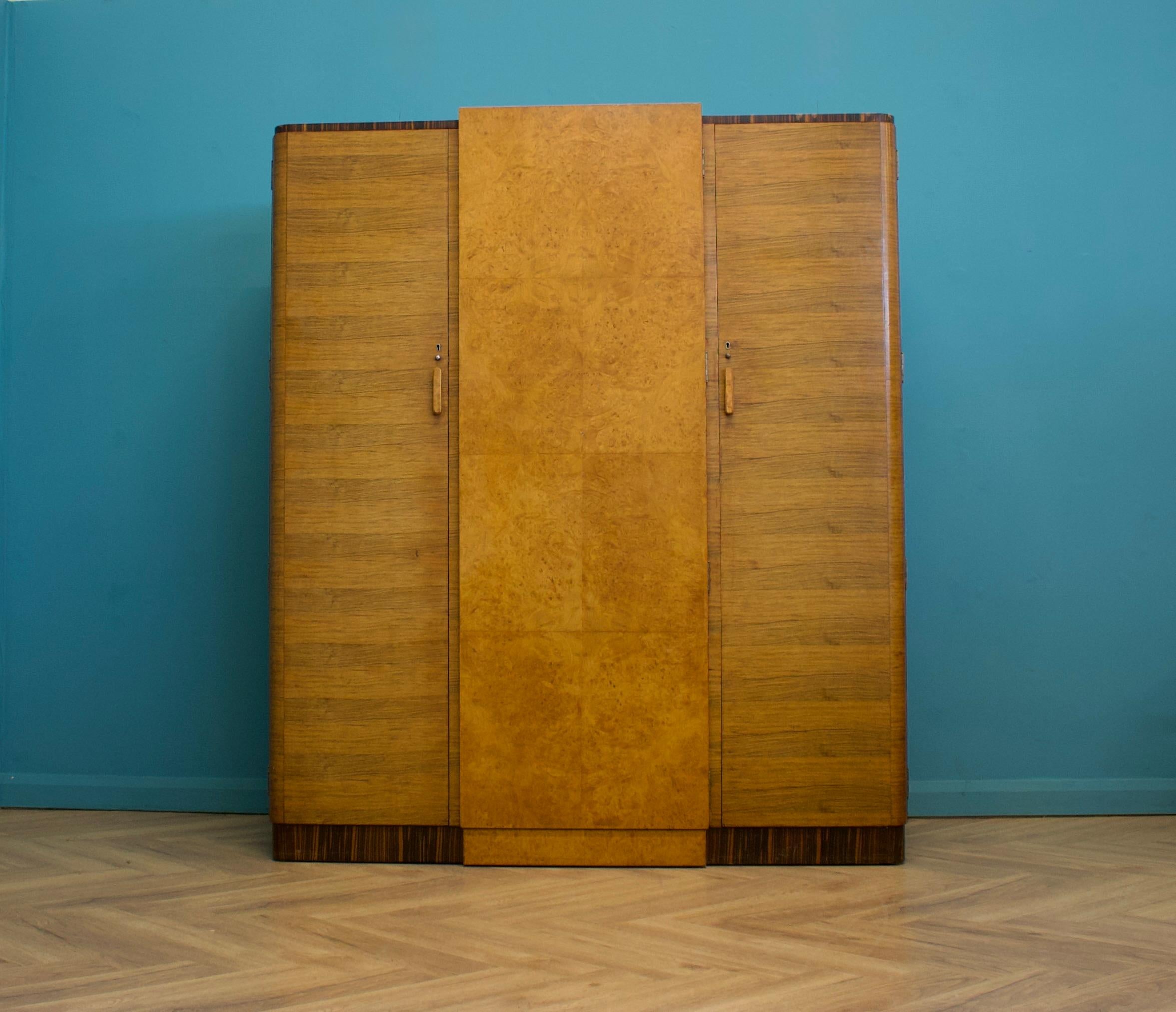 British Vintage Art Deco Burr Walnut & Birch Wardrobe, 1930s For Sale