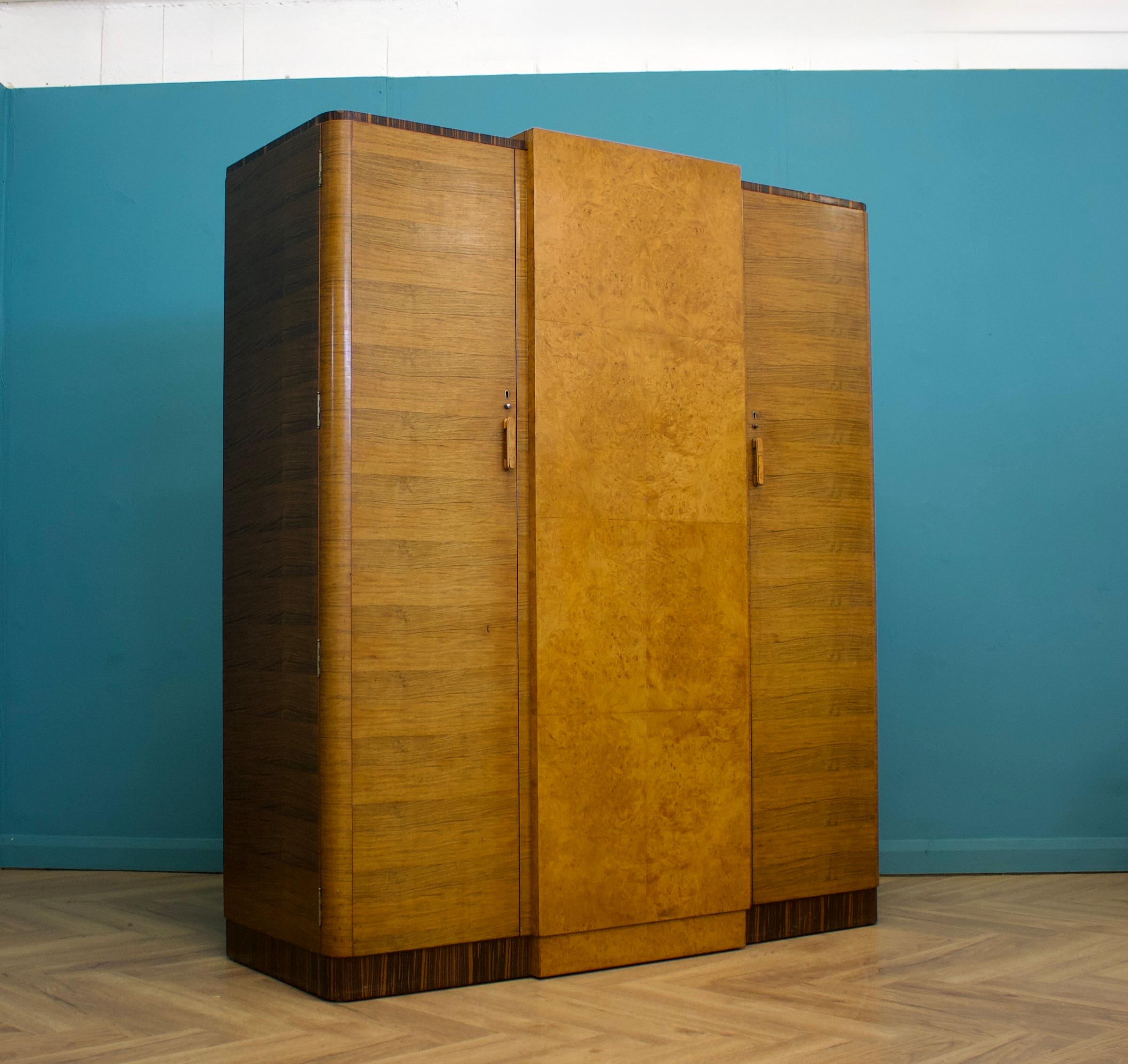 Veneer Vintage Art Deco Burr Walnut & Birch Wardrobe, 1930s For Sale