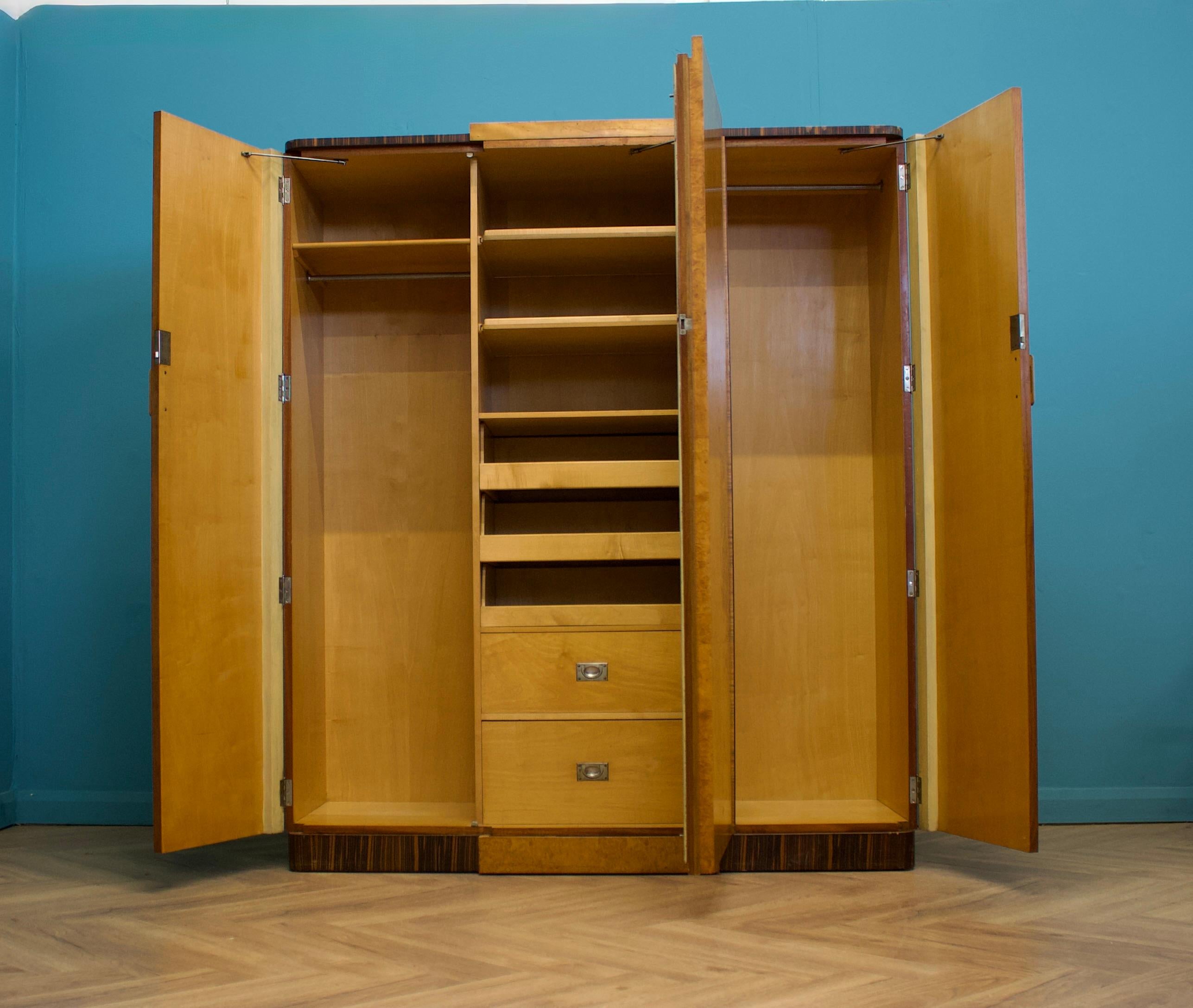 Vintage Art Deco Burr Walnut & Birch Wardrobe, 1930s In Good Condition For Sale In South Shields, GB