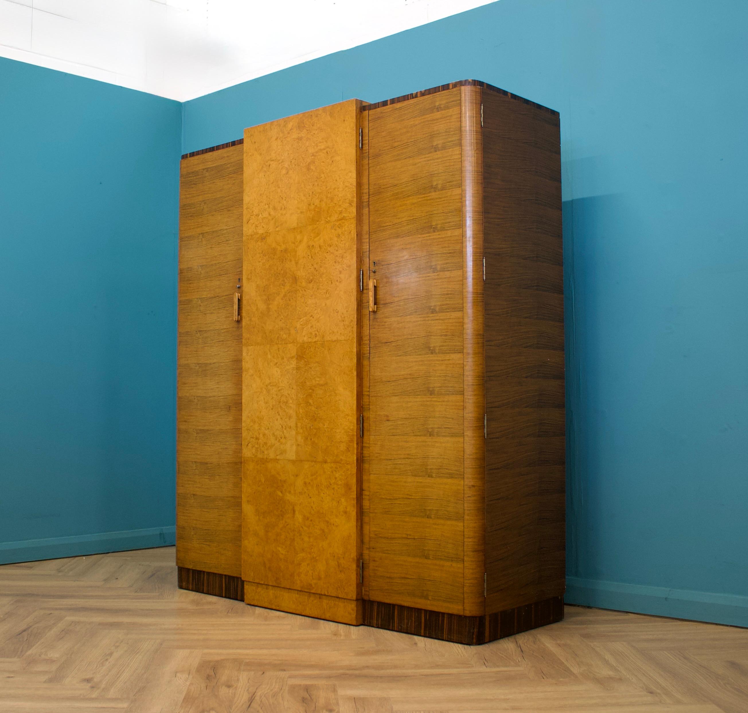 Mid-20th Century Vintage Art Deco Burr Walnut & Birch Wardrobe, 1930s For Sale