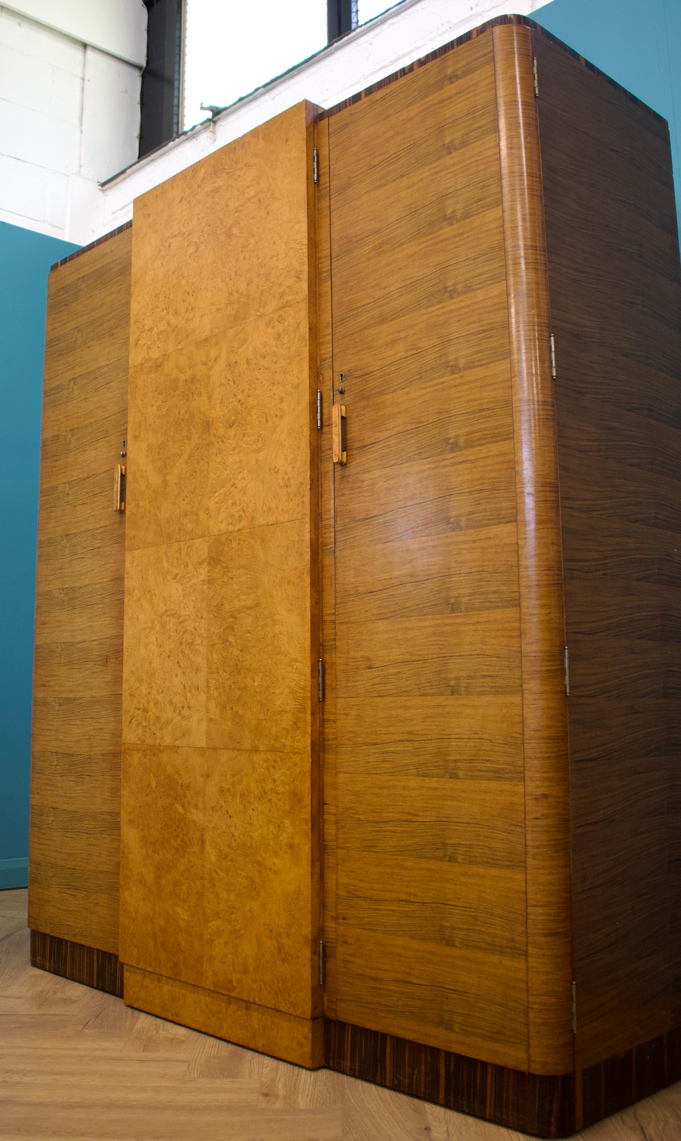 Wood Vintage Art Deco Burr Walnut & Birch Wardrobe, 1930s For Sale