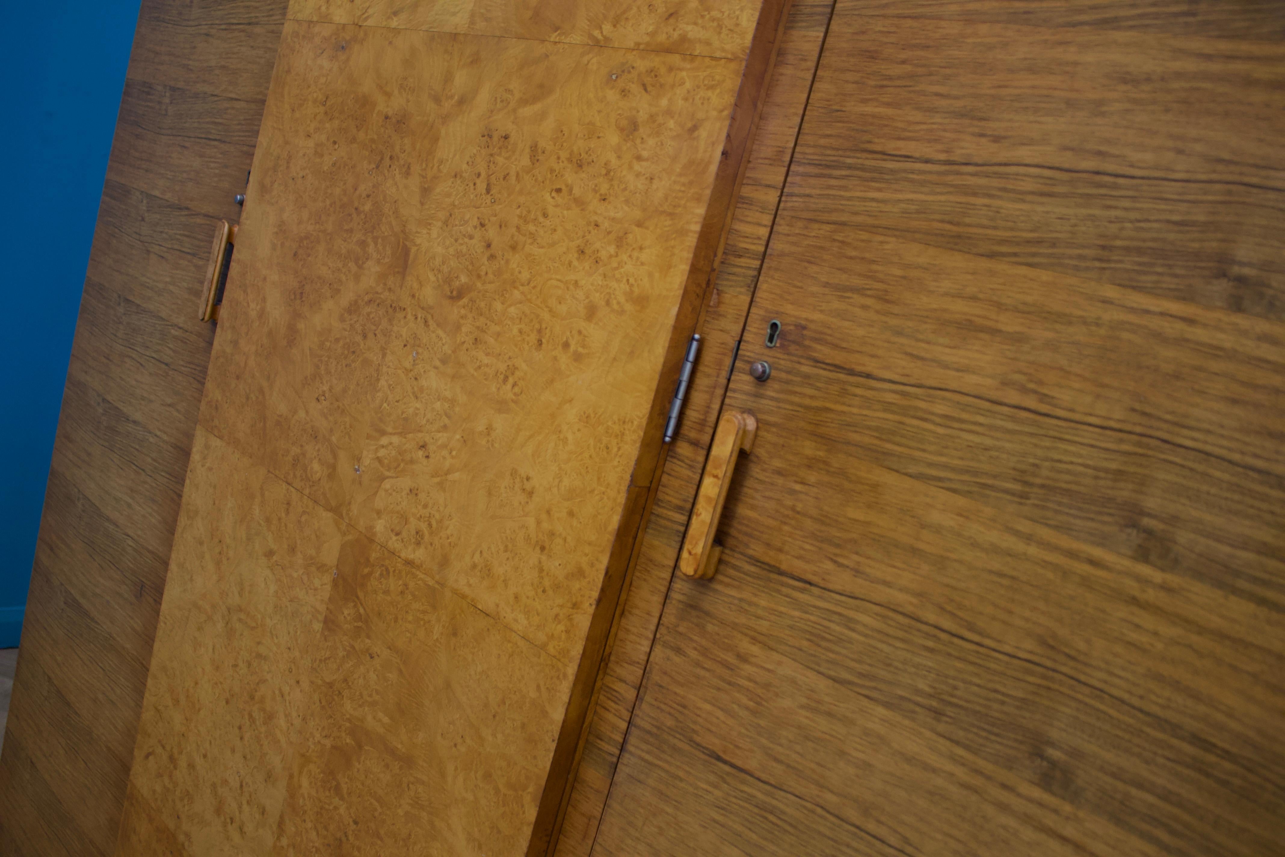 Vintage Art Deco Burr Walnut & Birch Wardrobe, 1930s For Sale 1