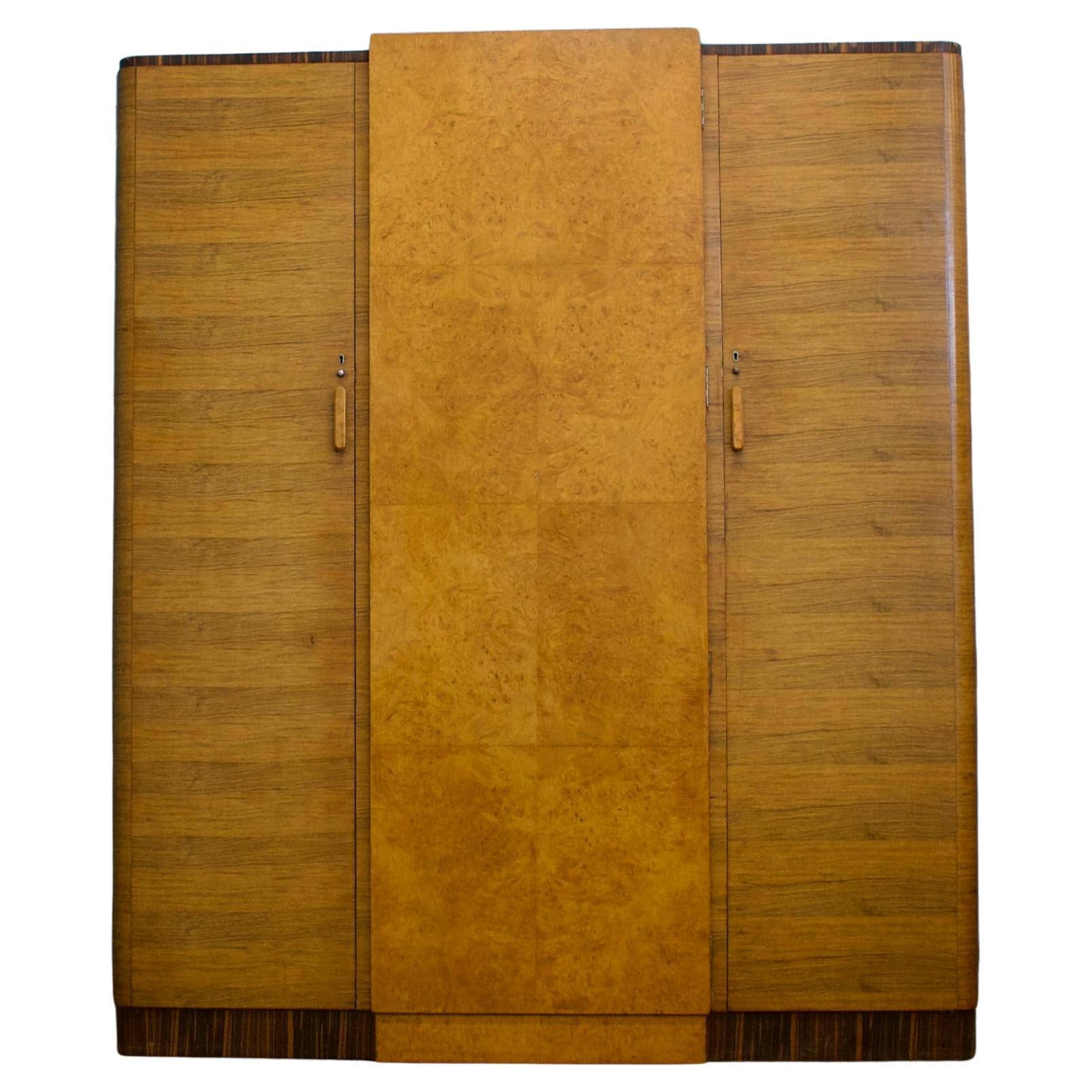 Vintage Art Deco Burr Walnut & Birch Wardrobe, 1930s