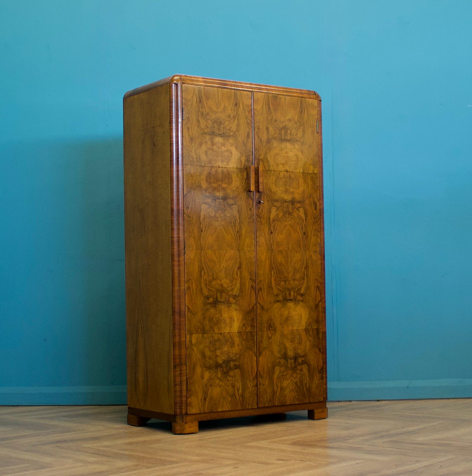British Vintage Art Deco Burr Walnut Compact Compactum Wardrobe, 1930s