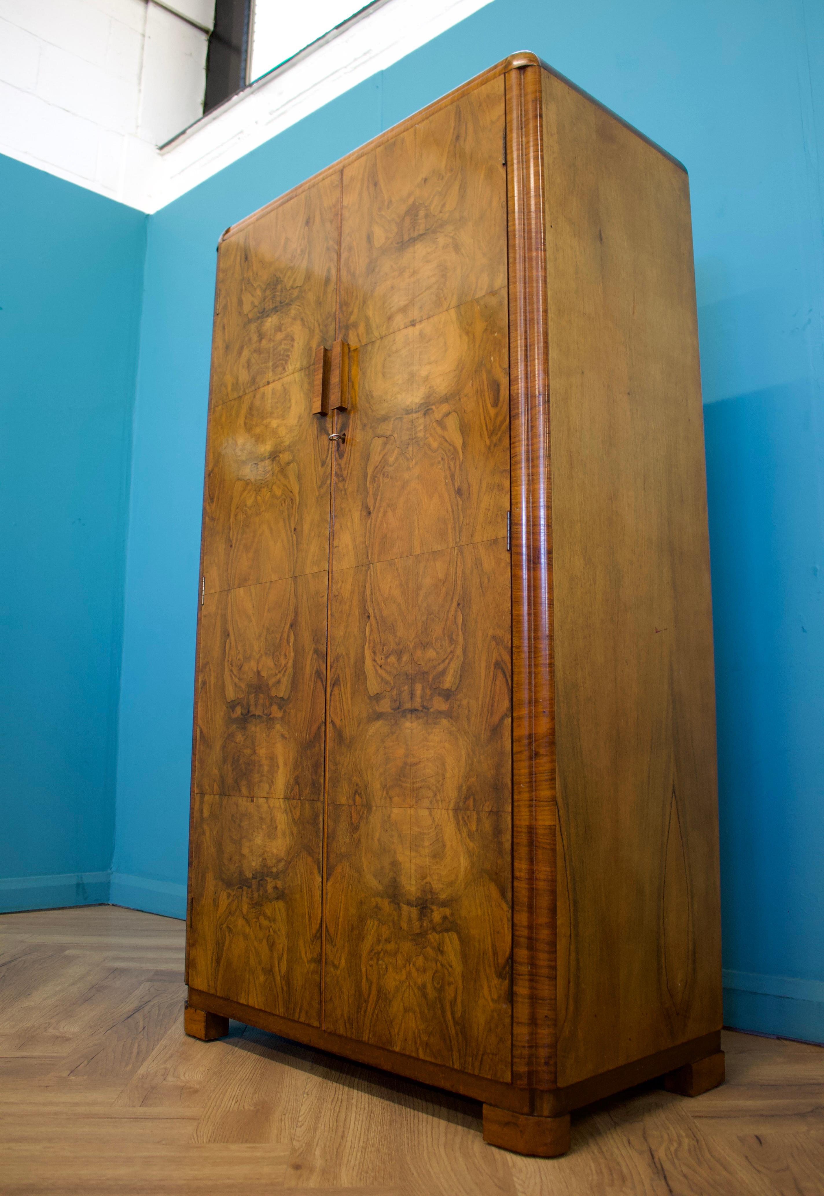 Vintage Art Deco Burr Walnut Compact Compactum Wardrobe, 1930s In Good Condition In South Shields, GB
