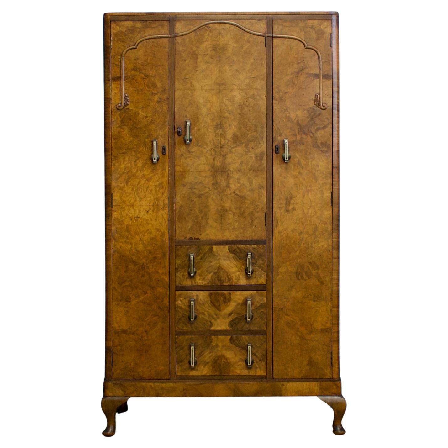 Vintage Art Deco Burr Walnut Compact Compactum Wardrobe, 1930s