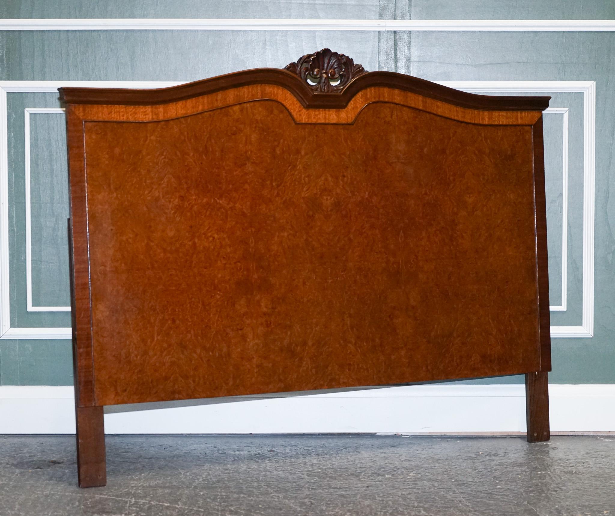 We are excited to present this lovely art deco burr walnut headboard.

Very lovely burr all over and a nicely carved ornate on top of the headboard.

We have cleaned, hand waxed and hand polished it.

Condition-wise, there will be some