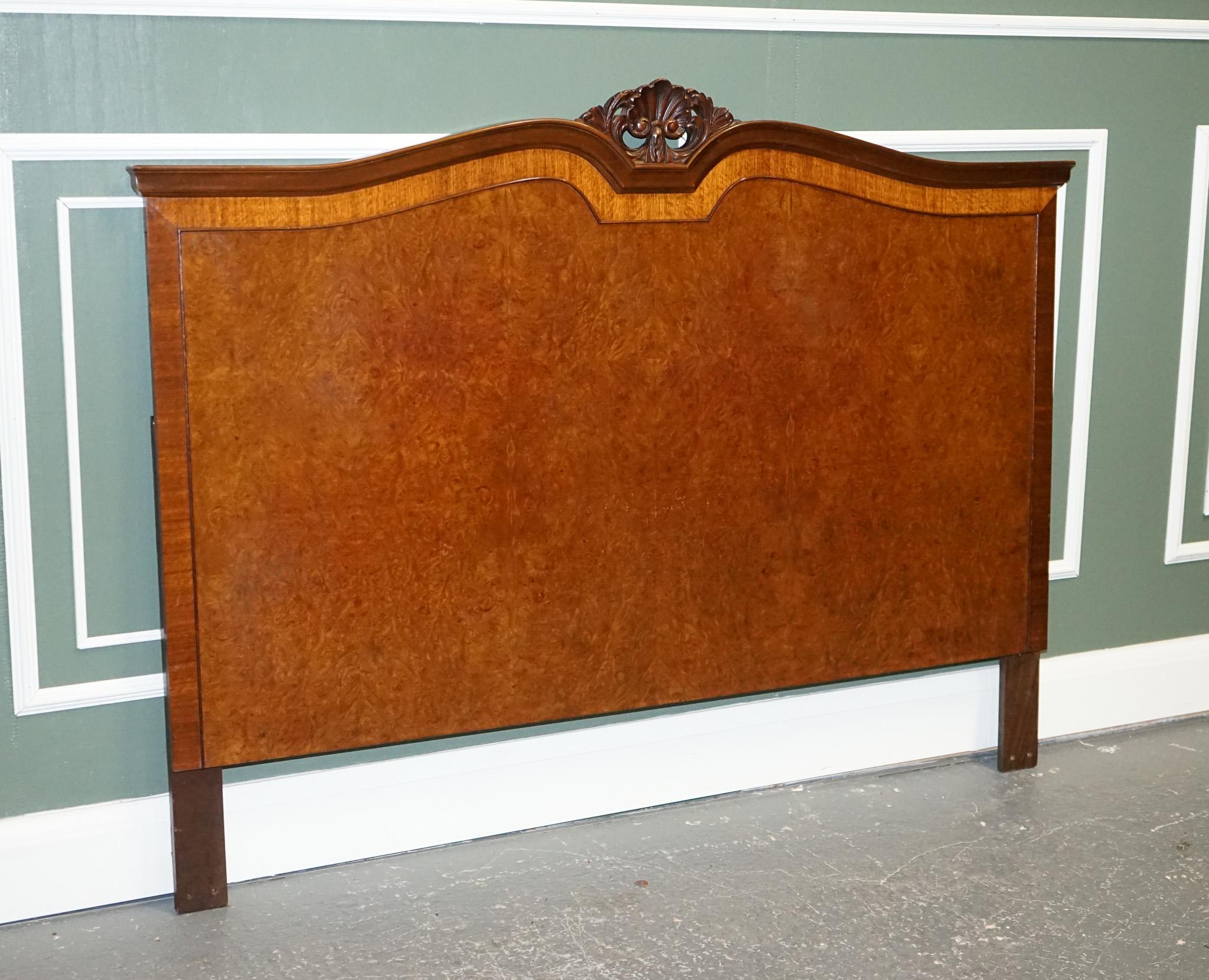 Hand-Crafted Vintage Art Deco Burr Walnut Double Carved Headboard