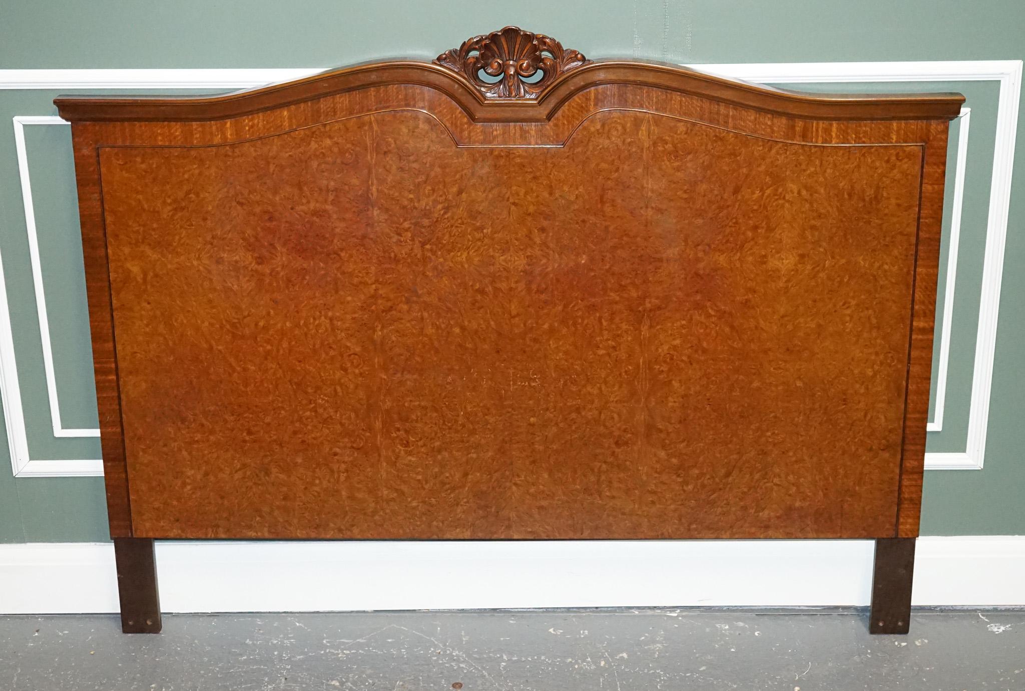 Vintage Art Deco Burr Walnut Double Carved Headboard In Good Condition In Pulborough, GB