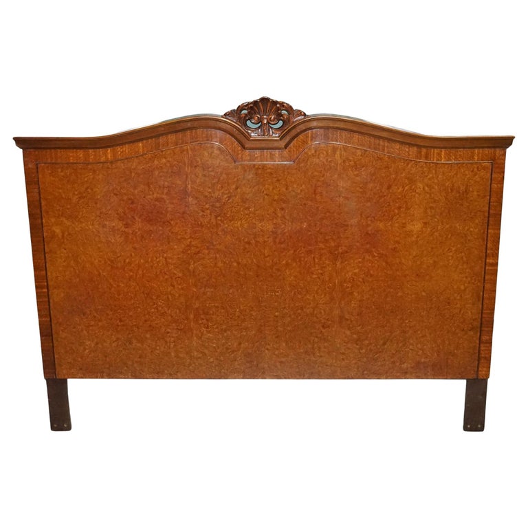 Vintage Art Deco Burr Walnut Double Carved Headboard For Sale at 1stDibs