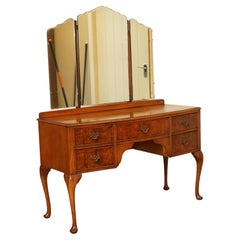 Vintage Art Deco Burr Walnut Dressing Table w/ Trifold Mirrors Queen Anne Legs