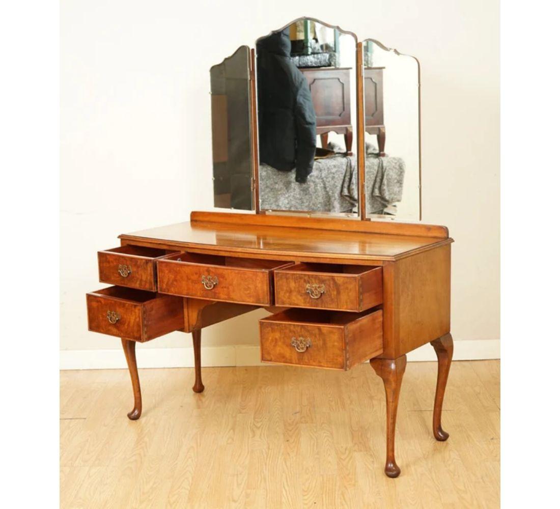Queen Anne Vintage Art Deco Burr Walnut Dressing Table with Trifold Mirrors
