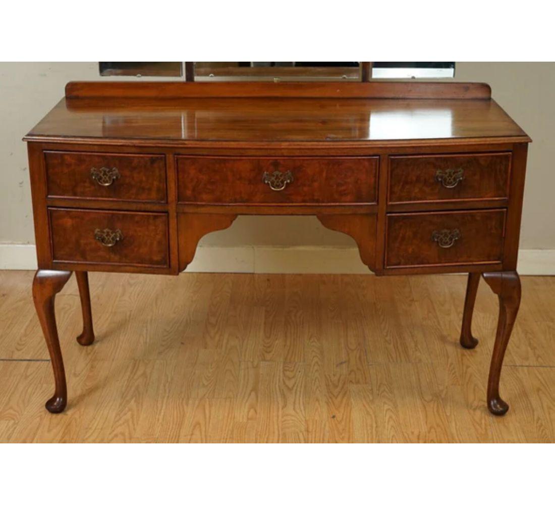 British Vintage Art Deco Burr Walnut Dressing Table with Trifold Mirrors