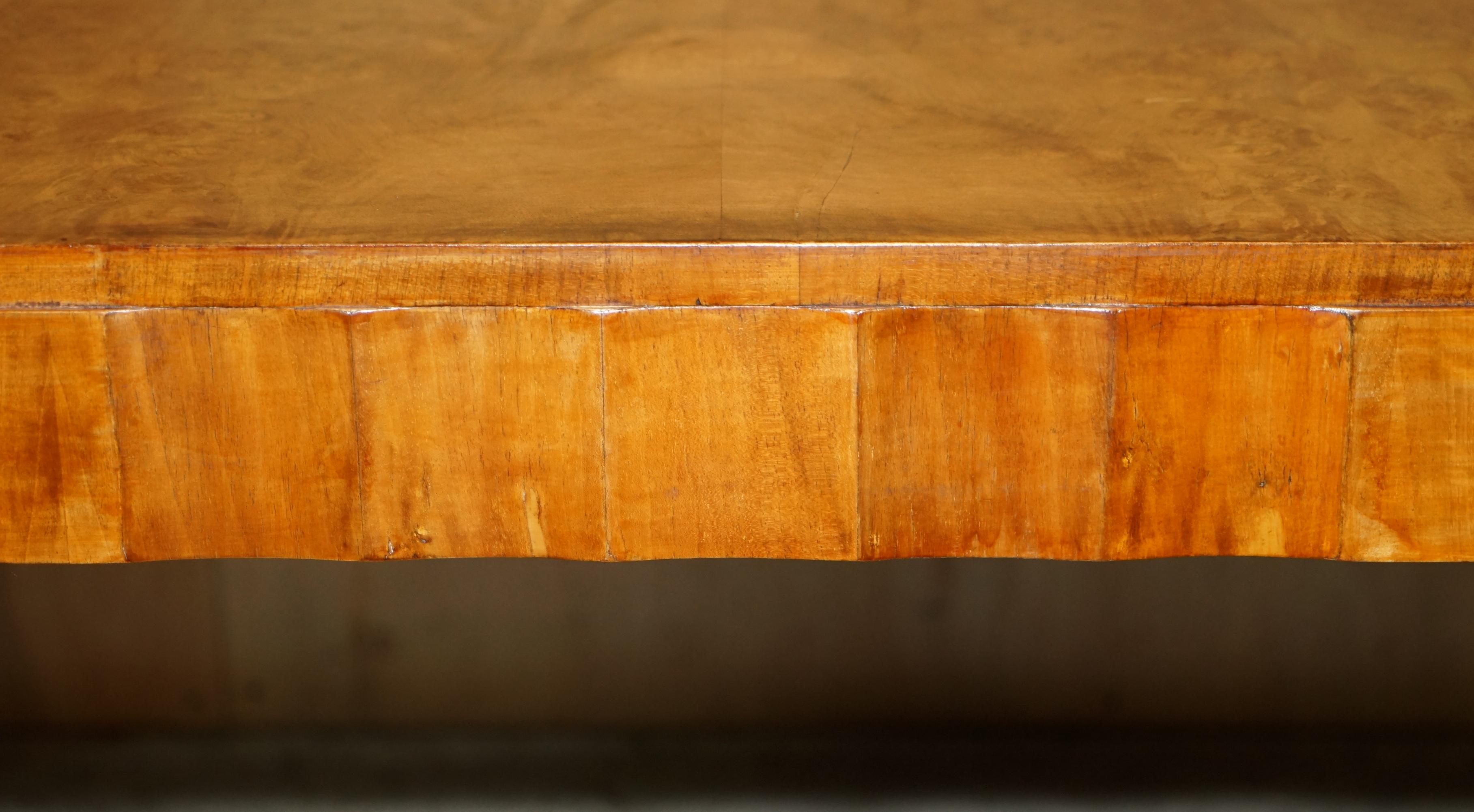 Vintage Art Deco Burr Walnut Ornately Carved Dining Table and 6 Dining Chairs For Sale 1